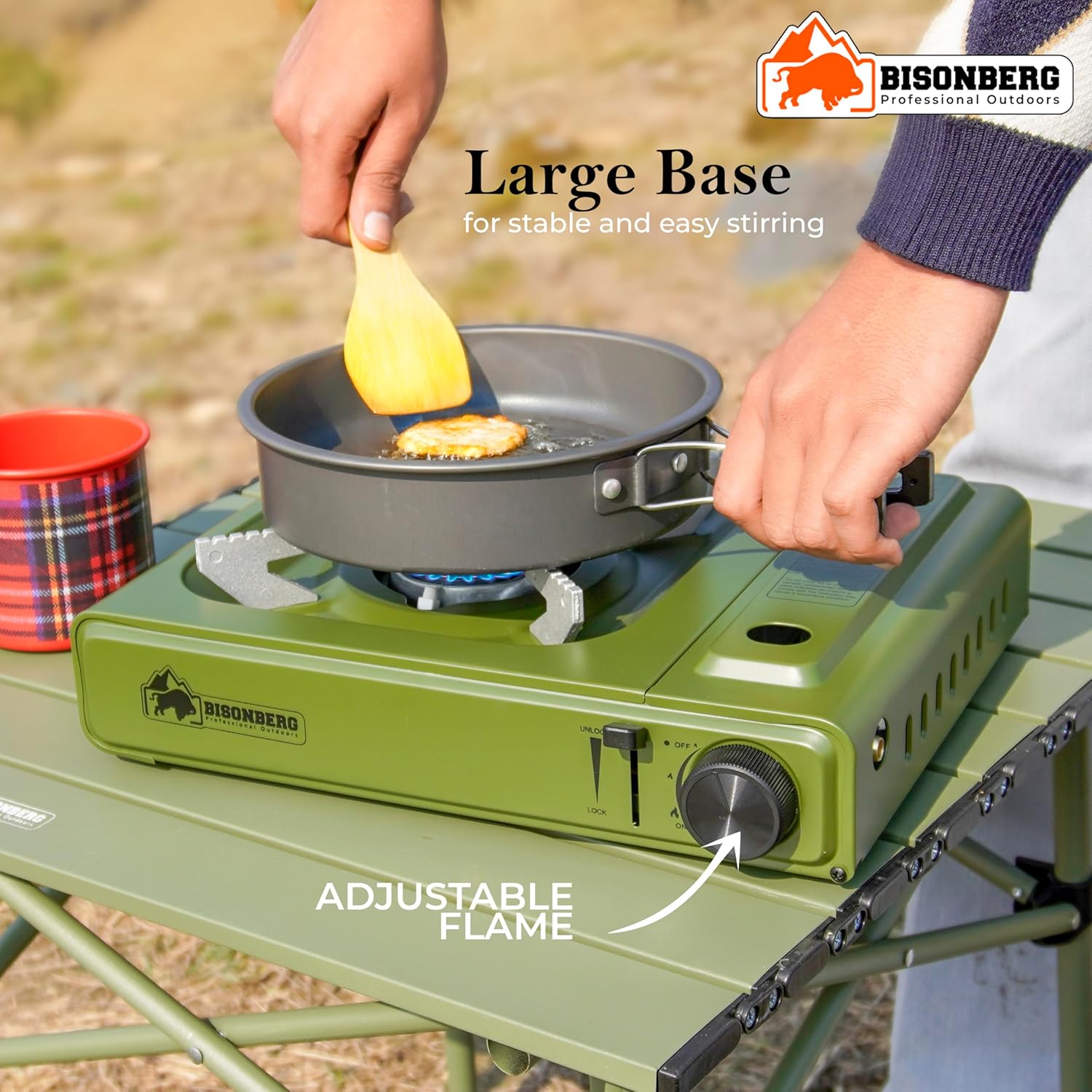 BISONBERG Stainless Steel Camp Gas Stove with Carrying Case for Camping Hiking Portable -Green Color image 1