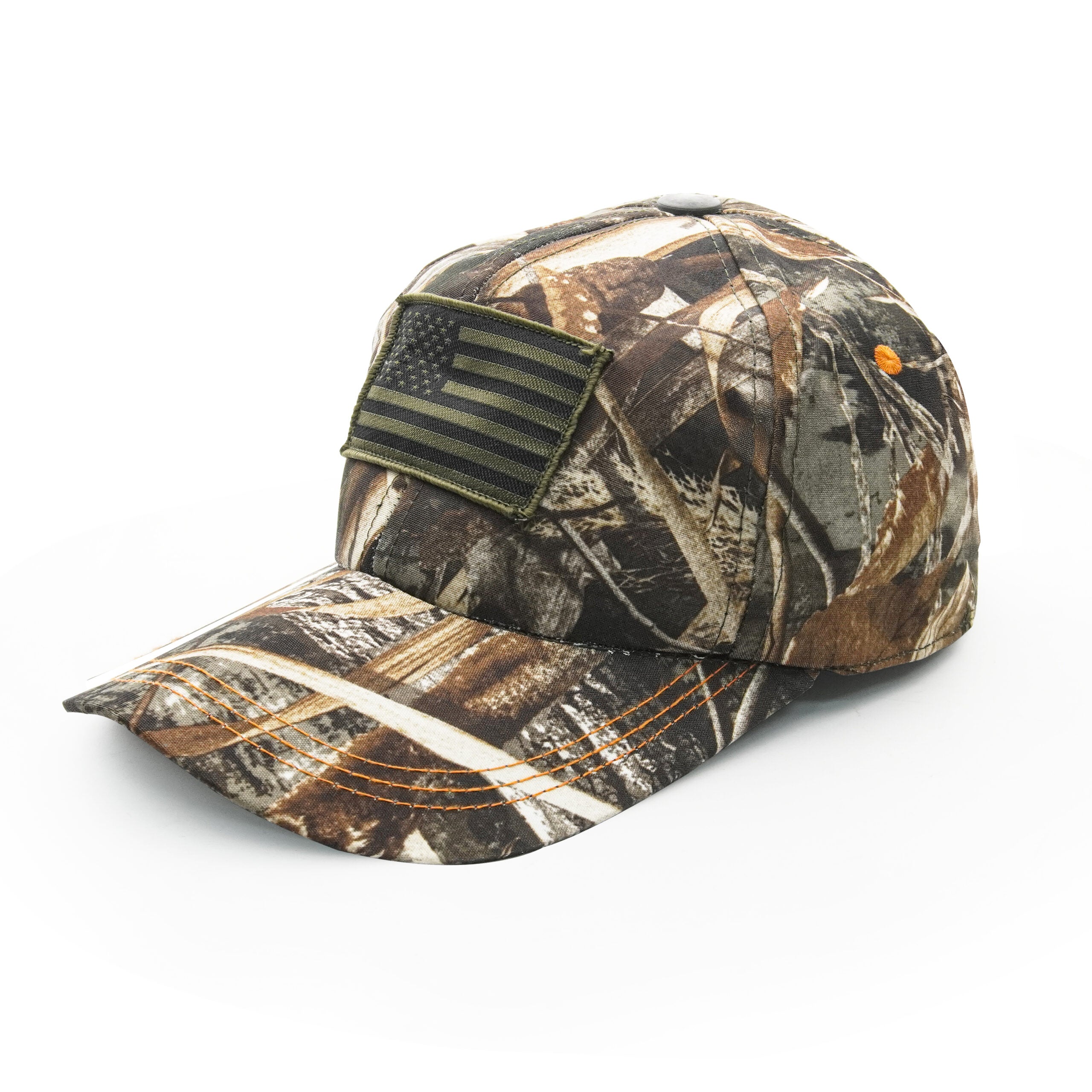 BisonBerg Camo Hunting Cap – American Flag Patch, Blaze Orange Accent, Adjustable Fit image 0
