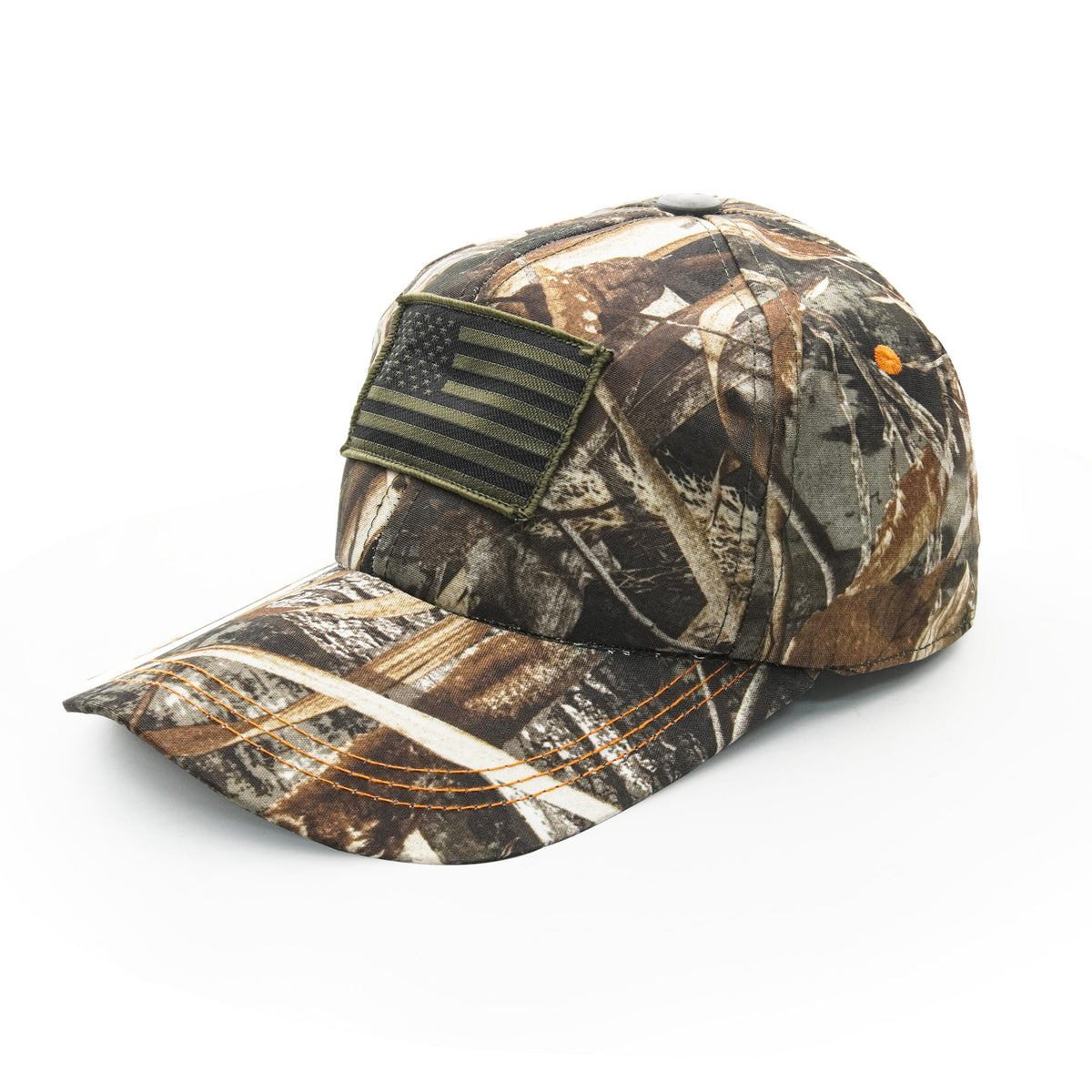 BisonBerg Camo Hunting Cap – American Flag Patch, Blaze Orange Accent, Adjustable Fit image 0