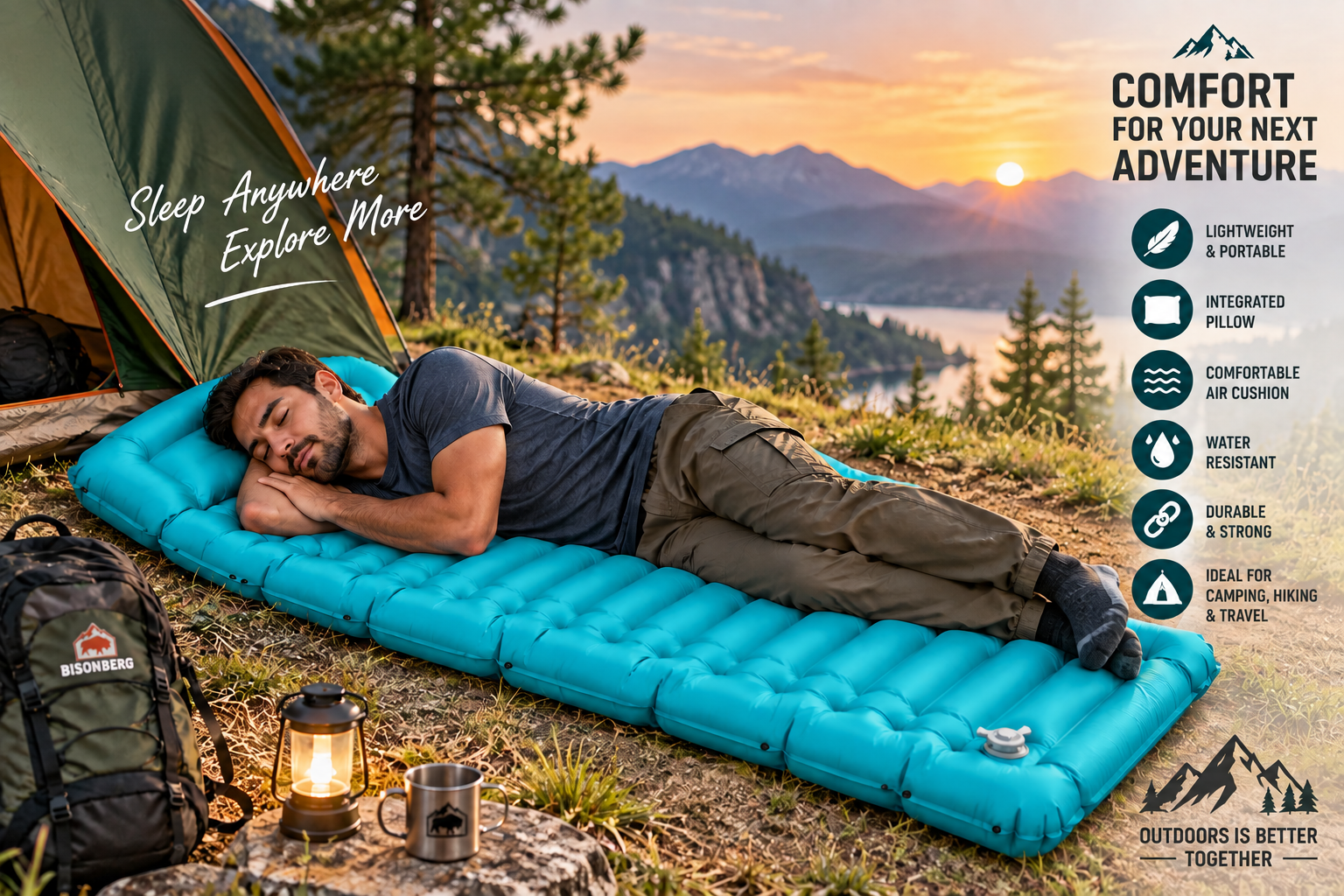 BISONBERG | Camping  Infatble 1- Person Sleeping Pad With Built-In Foot Pump for Comfortable & Outdoor Sleeping Mattres