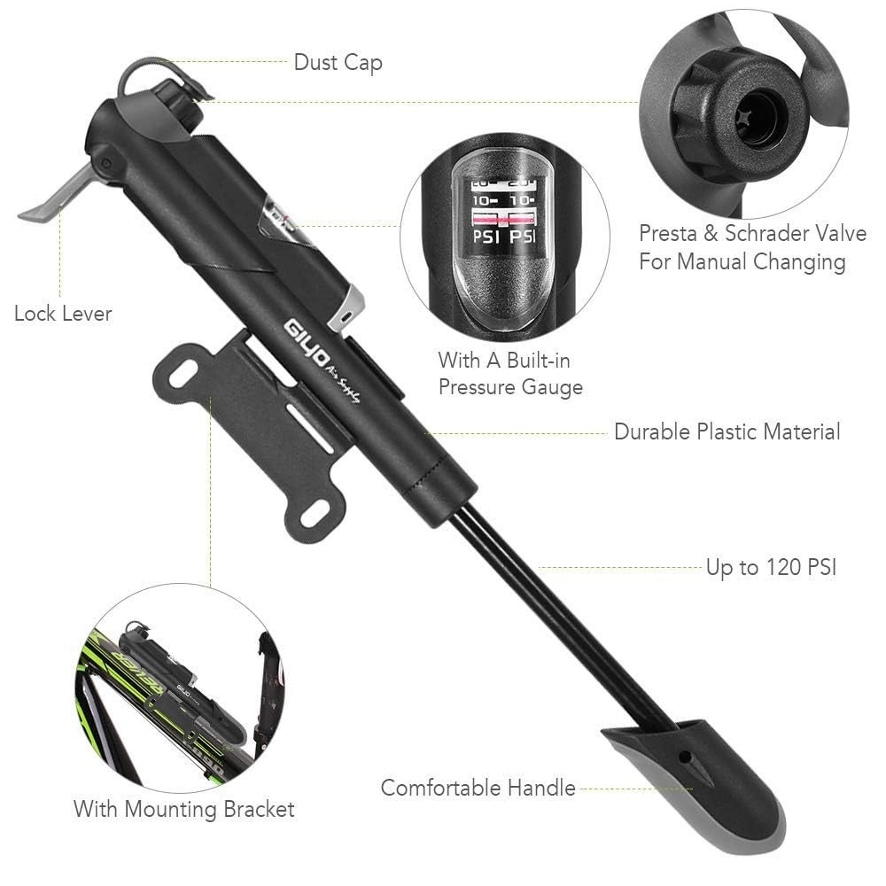 120 PSI High Pr ure Air Pump with Built-in Pr ure Gauge Fits for Presta & Schrader Valve image 5