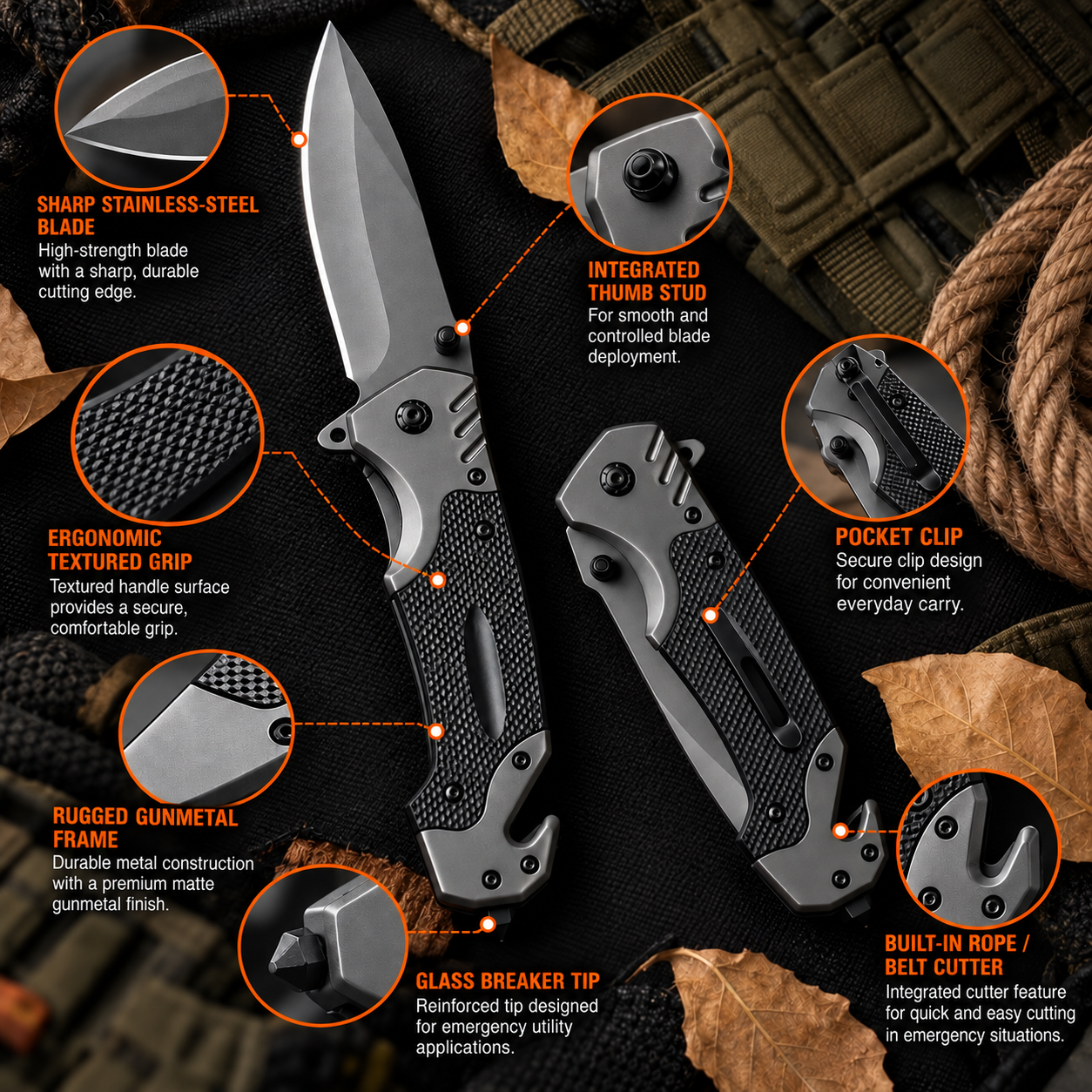 BISONBERG|Folding Pocket Glass Window Breaking Camping and Outdoor Knife |Car Rescue Emergency Seat Belt Cutter