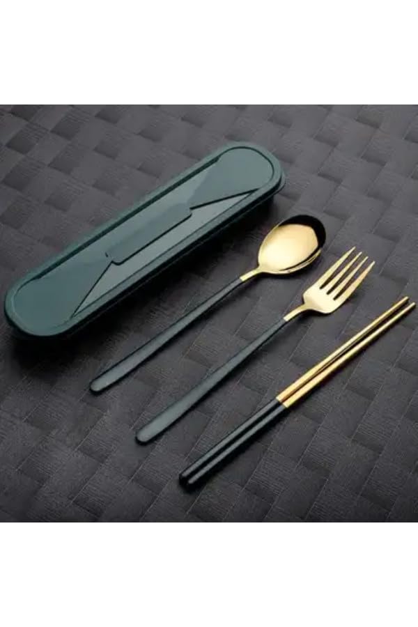 BISONBERG Premium Stainless Steel Spoon 3 Piece Set Spoon Fork Chopsticks for Gift Set with Gift Box Dinnerware Cutlery Set Tableware Set - Gold & Green image 2