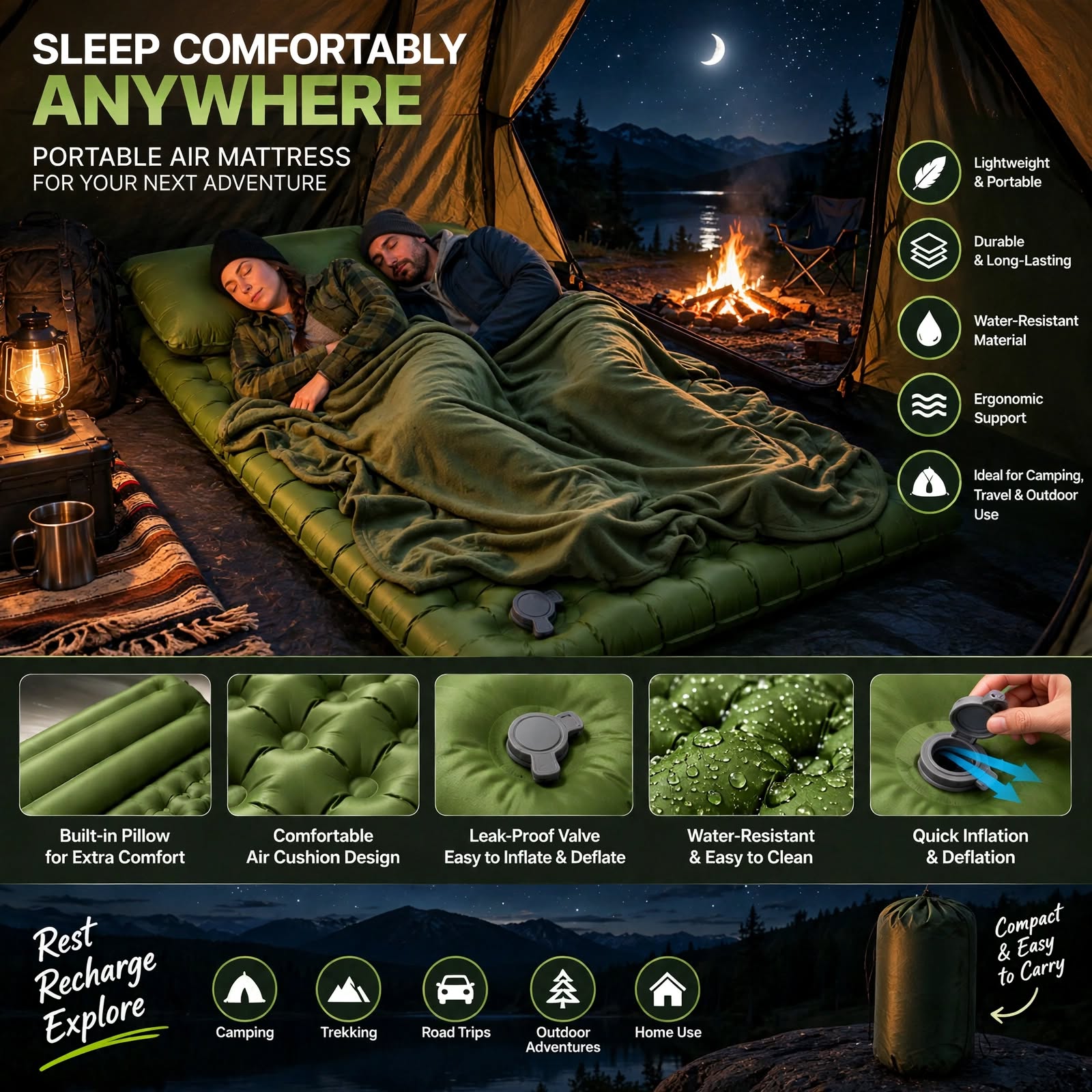 BISONBERG Double Camping  Infatble 2- Person Sleeping Pad With Built-In Foot Pump for Comfortable & Outdoor Sleeping Mattres