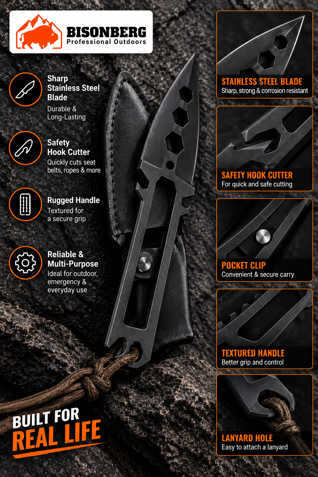 Bisonberg |Skeletonized Fixed Blade Camping & Outdoor Survival Knife