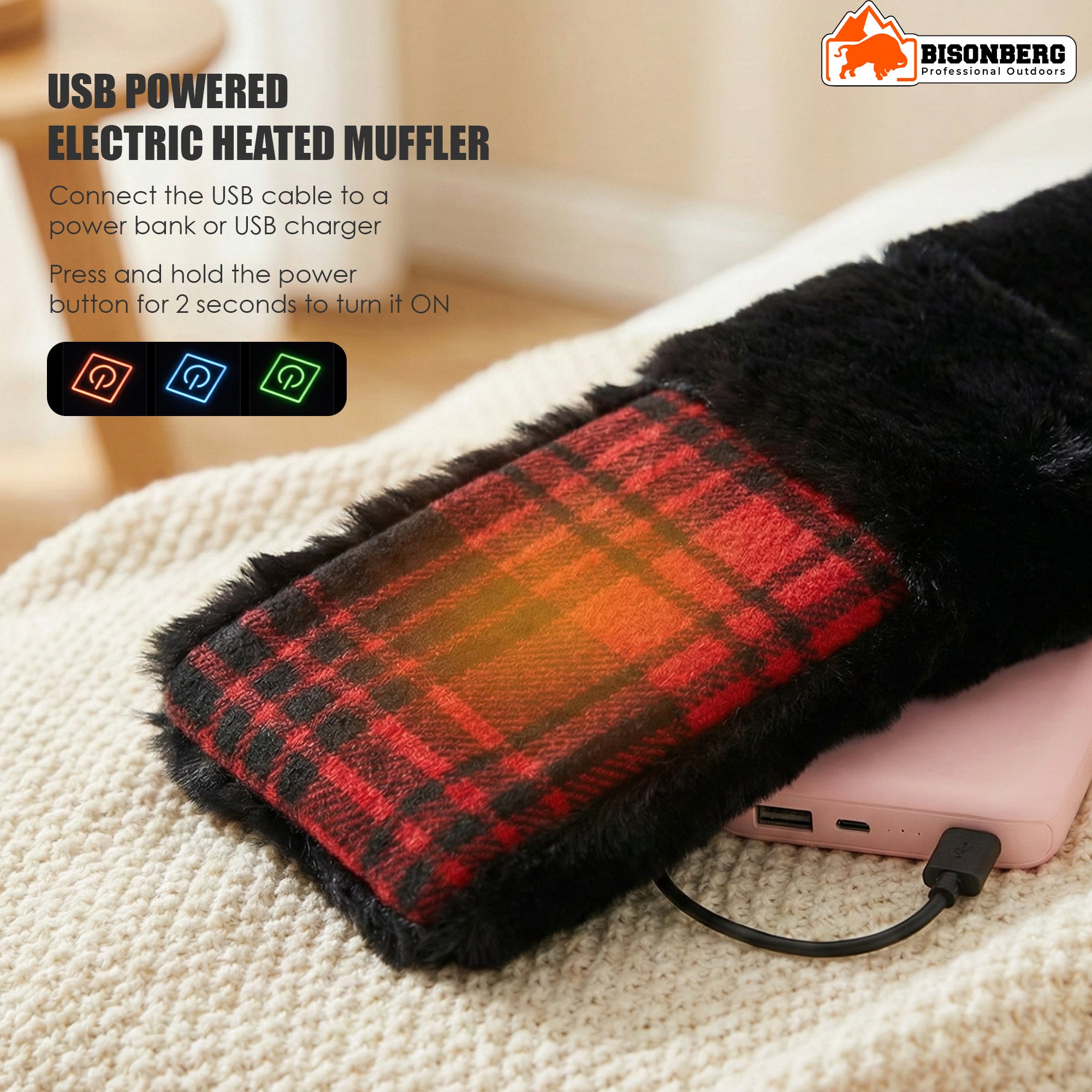 Bisonberg USB Powered Electric Heated Muffler Scarf for Winter | Soft Fur Lined | Adjustable Heat Levels | Ideal for Camping, Travel & Extreme Cold image 4