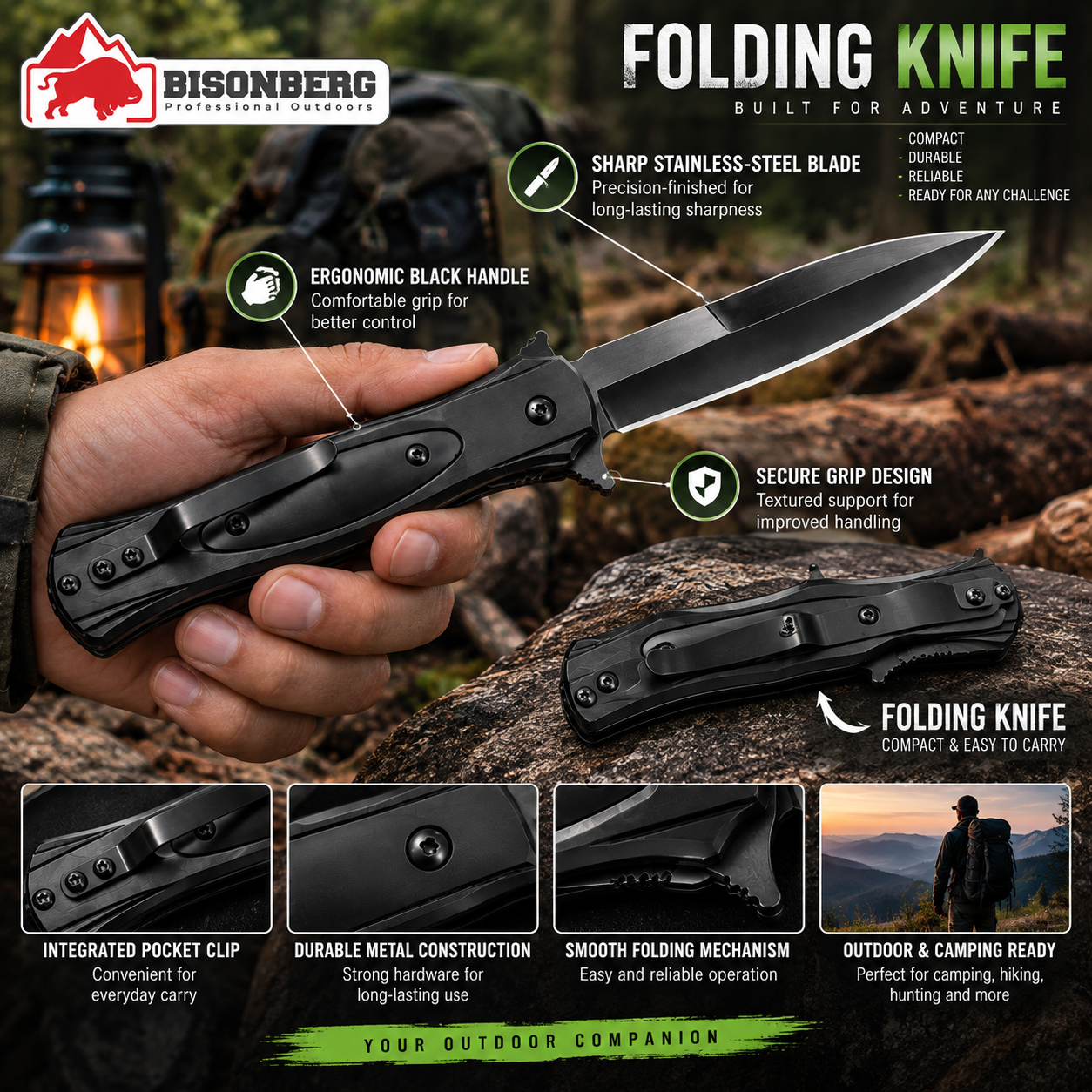BISONBERG| Premium  Multi-functional Rescue  Black Pocket Folding Knife & Outdoor and Camping