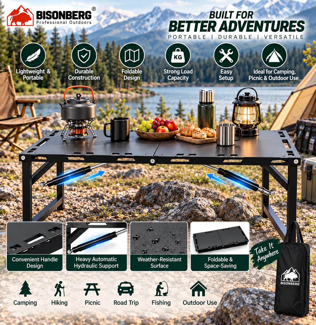 BISONBERG Portable Folding Camping Table|Heavy-Duty Outdoor Folding Table