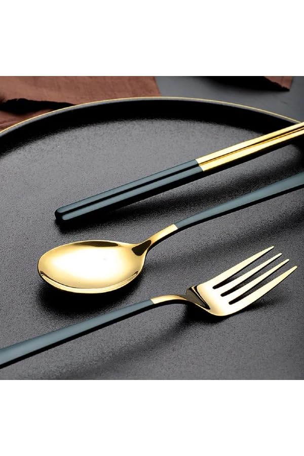 BISONBERG Premium Stainless Steel Spoon 3 Piece Set Spoon Fork Chopsticks for Gift Set with Gift Box Dinnerware Cutlery Set Tableware Set - Gold & Green image 1