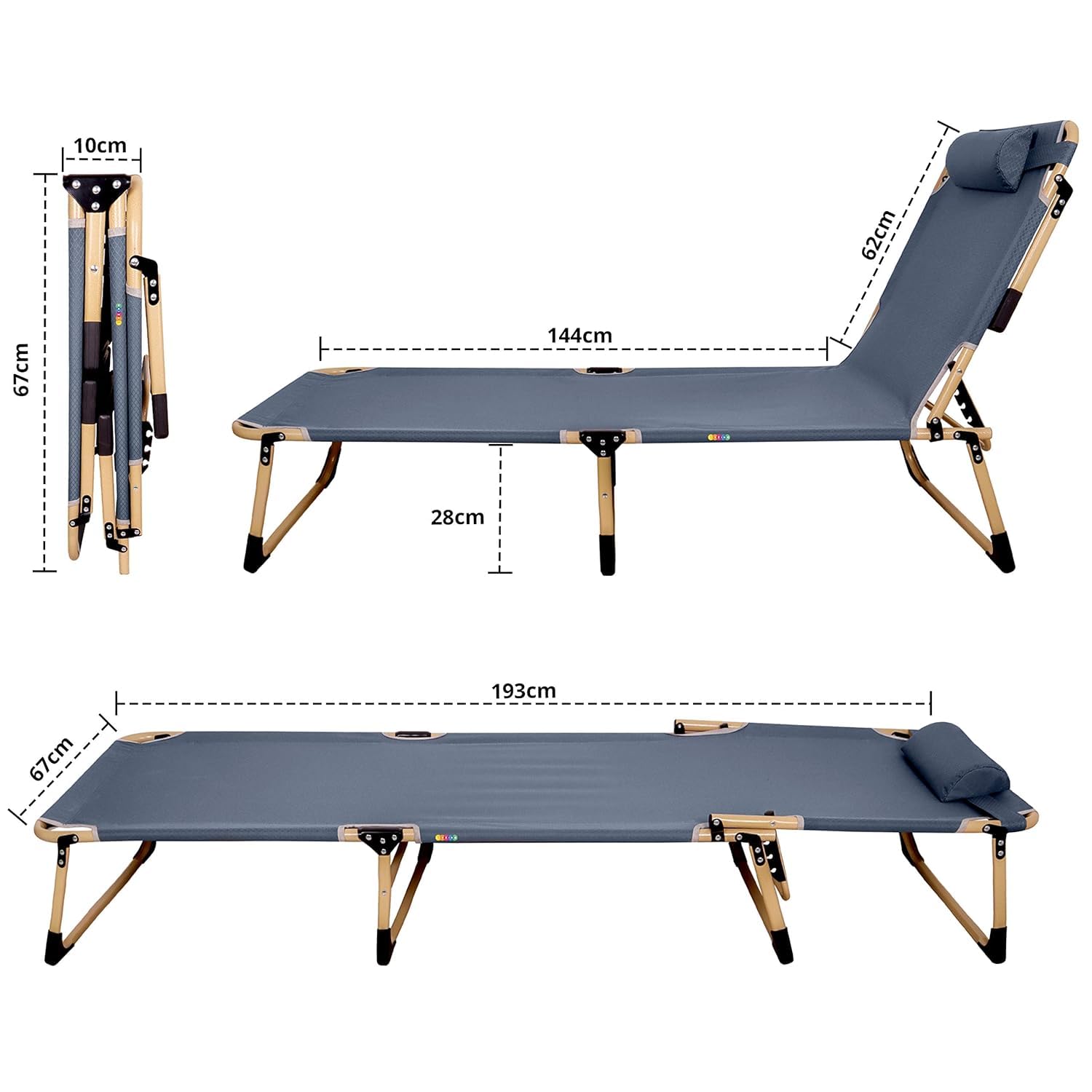 Portable Folding Bed Cot | Adjustable Recliner with Pillow | Multi Position Relax Folding Recliner Chair with Headrest for Camping Outdoor Activities - Alloy Steel, 193x28cm image 7