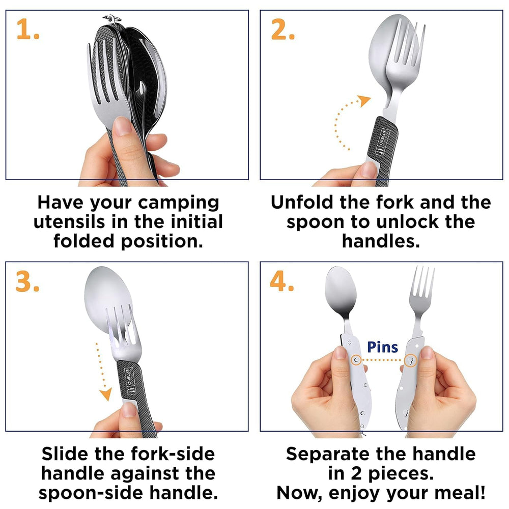 Camping Utensils, Portable Stainless Steel Spoon, Fork, Knife & Bottle Opener Combo Set - Travel, Backpacking Cutlery Multitool, Orange image 5