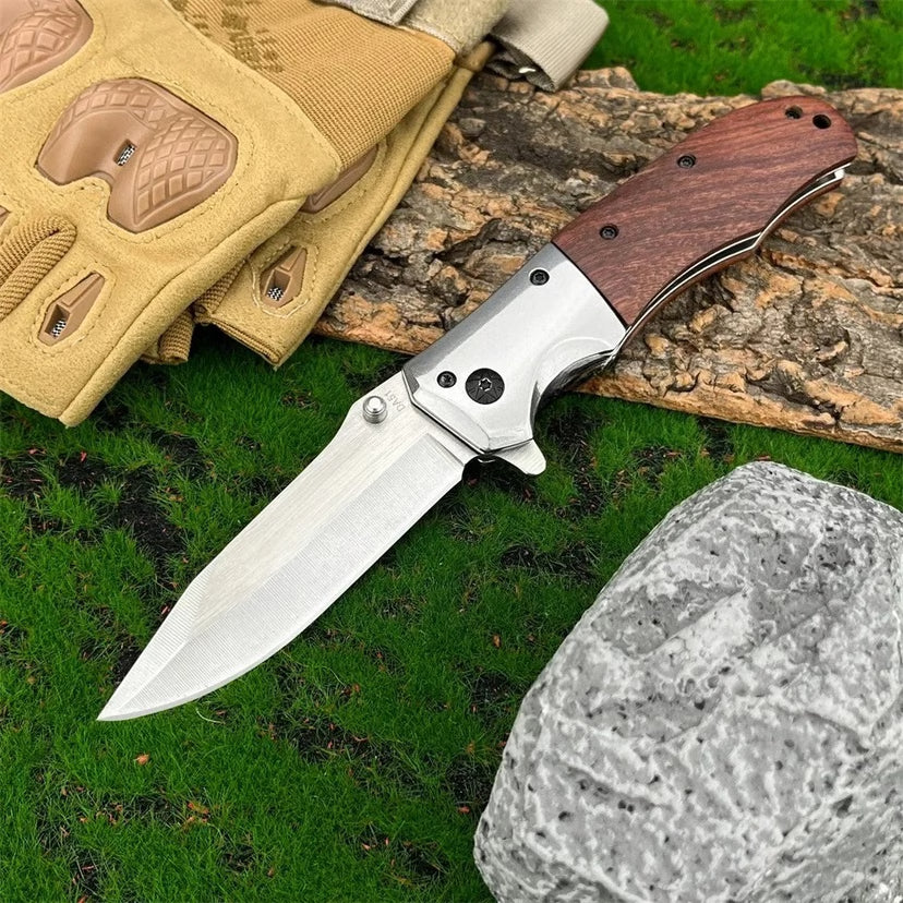 Premium Stainless Steel Folding Camping & Outdoor Knife – Wooden Handle & Pocket Clip Daily Utility