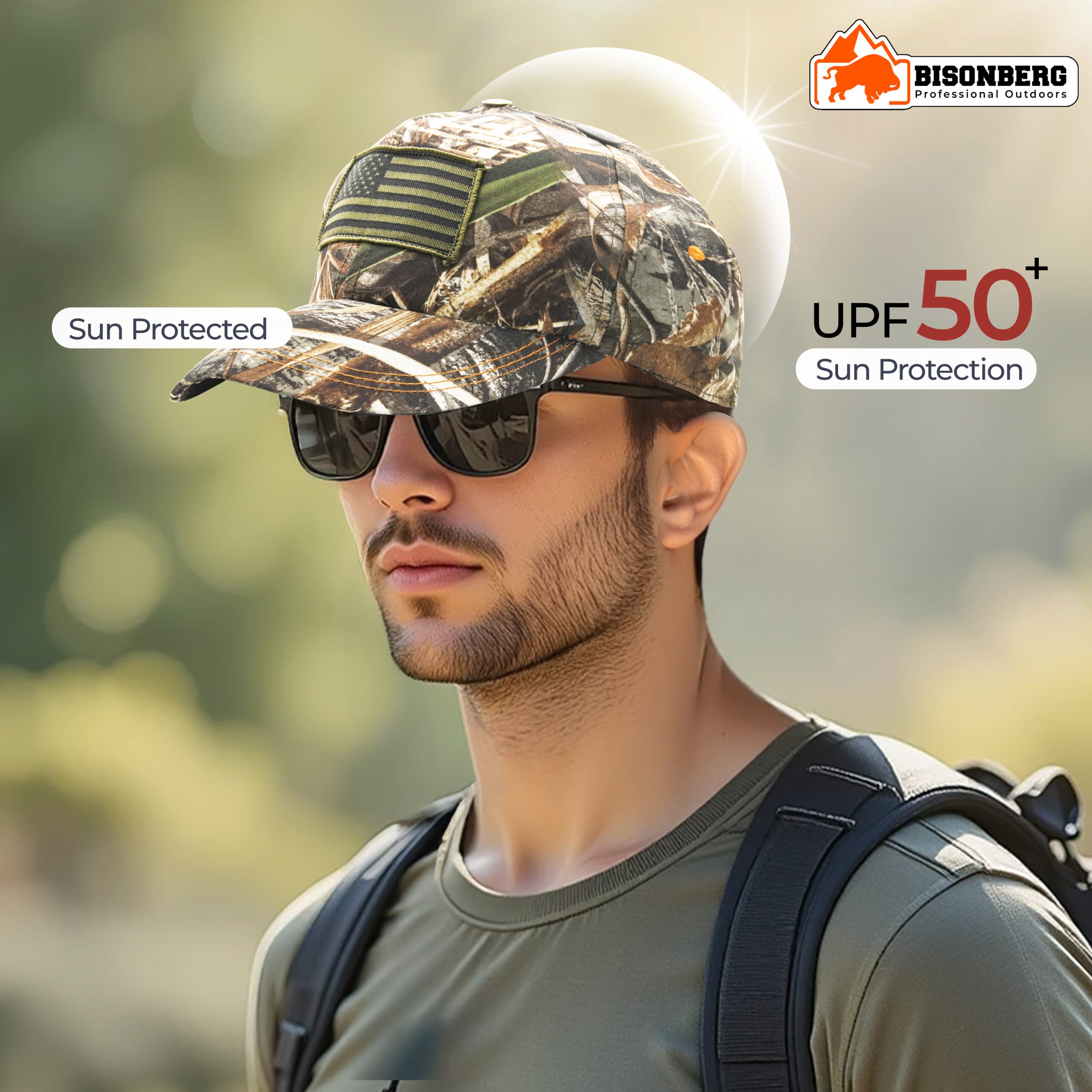 BisonBerg Camo Hunting Cap – American Flag Patch, Blaze Orange Accent, Adjustable Fit image 3