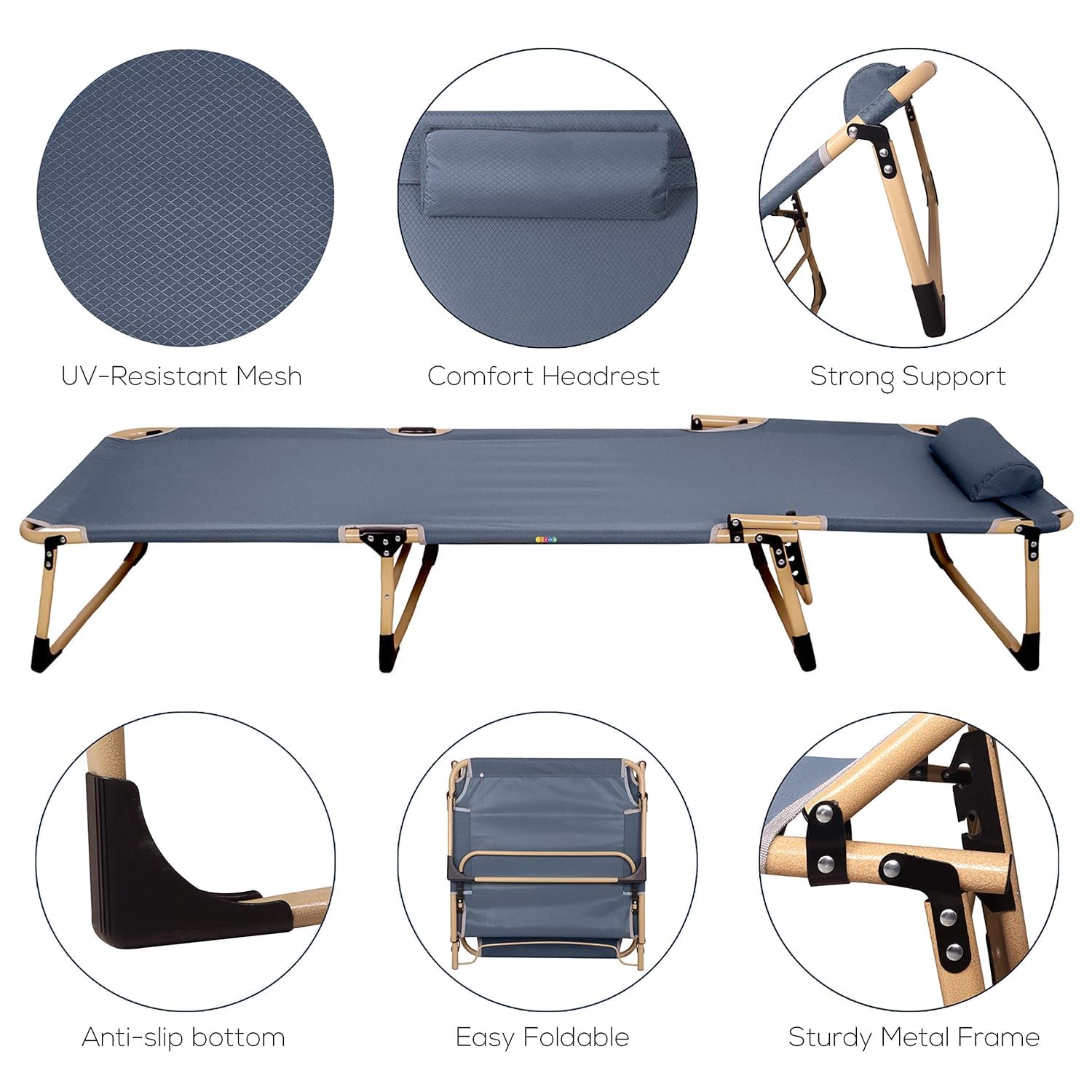 Portable Folding Bed Cot | Adjustable Recliner with Pillow | Multi Position Relax Folding Recliner Chair with Headrest for Camping Outdoor Activities - Alloy Steel, 193x28cm image 5