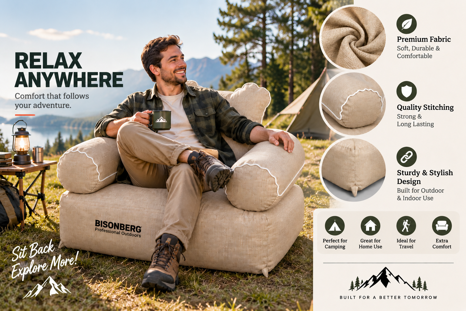 BISONBERG | Premium Inflatable Camping Air Sofa, Outdoor &  Indoor Camping Sofa with Back Armrest, Inflatable Couch Camping for Indoor, Outdoor, Party, Travel, Beach