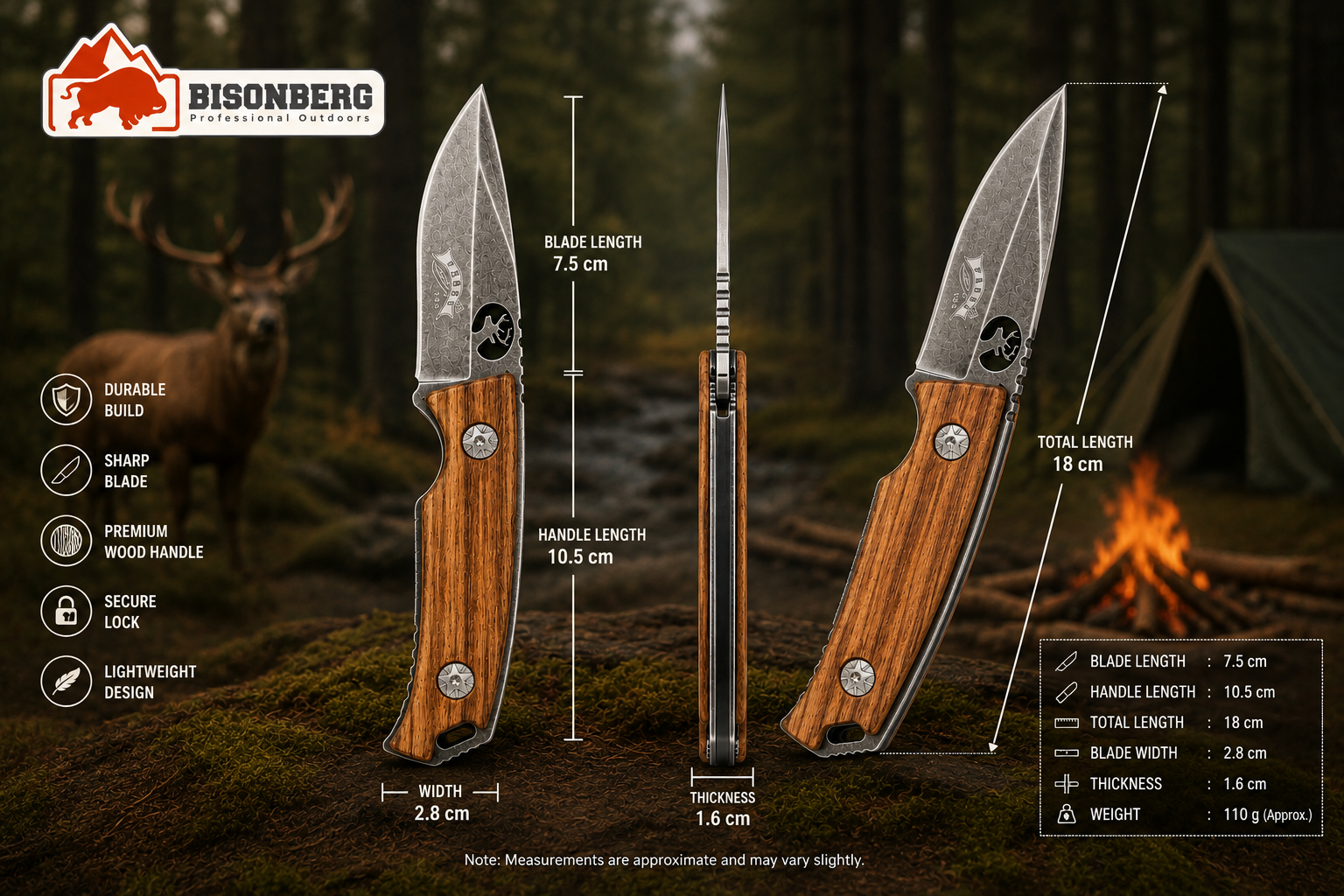 Bisonberg l Fixed Blade Wooden Handle Knife  | Outdoor Camping & Survival Knife