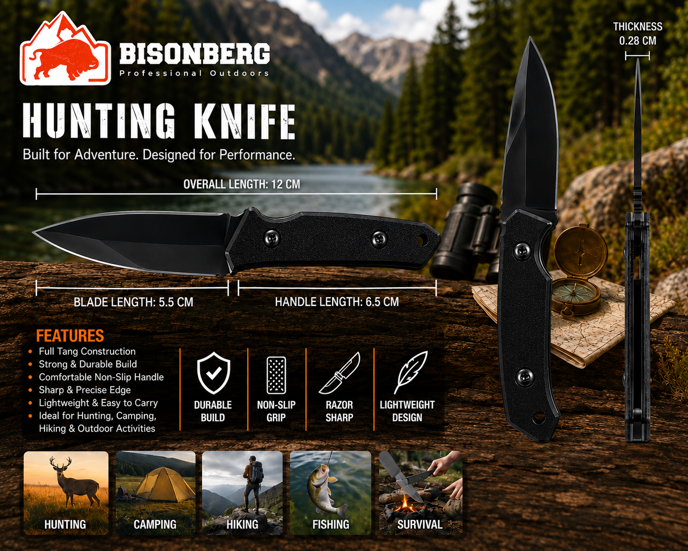 Bisonberg l Black Sharp and Durable Refurbished  Blade Knife  | Outdoor Camping & Survival Knife And Comfortable Textured Handle