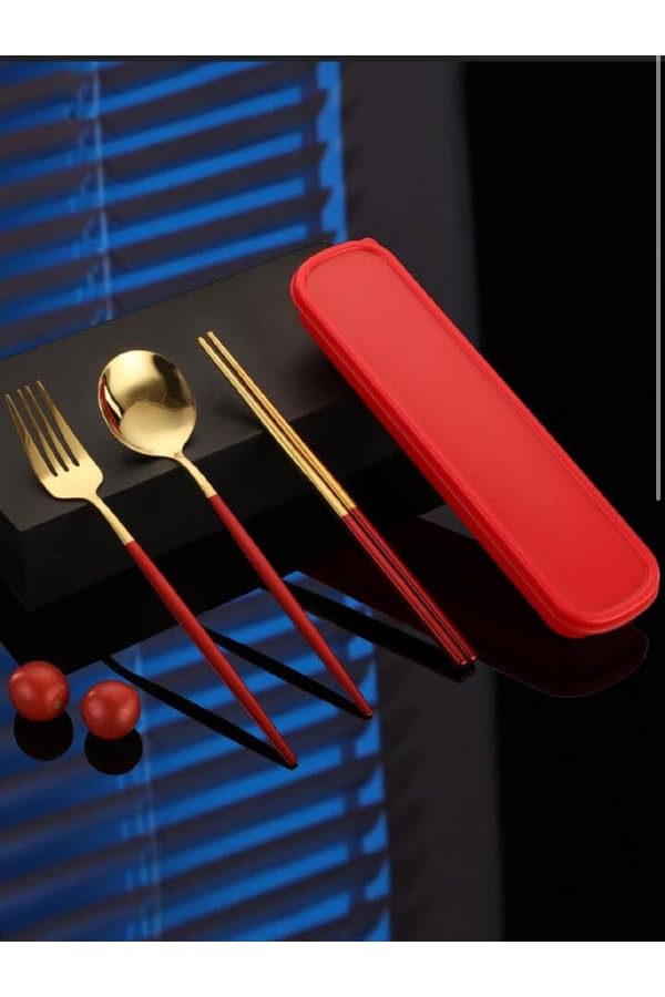 Premium Stainless Steel 3 Piece Set - Spoon, Fork, Chopsticks - Gold & Red Gift Set with Gift Box image 3