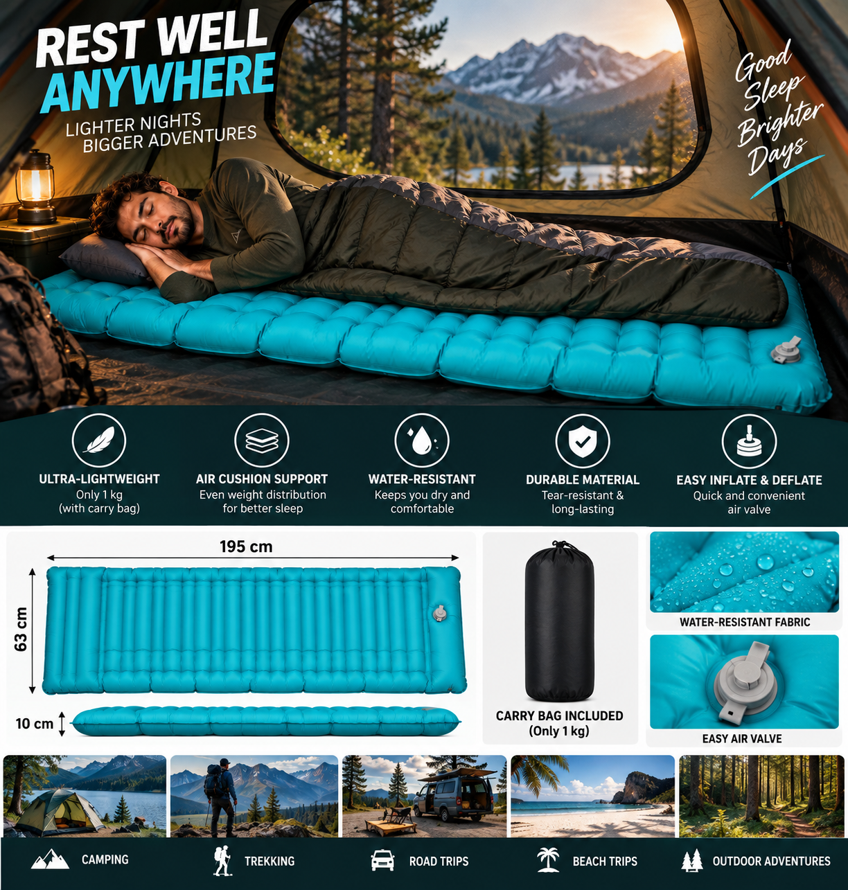 BISONBERG | Camping  Infatble 1- Person Sleeping Pad With Built-In Foot Pump for Comfortable & Outdoor Sleeping Mattres