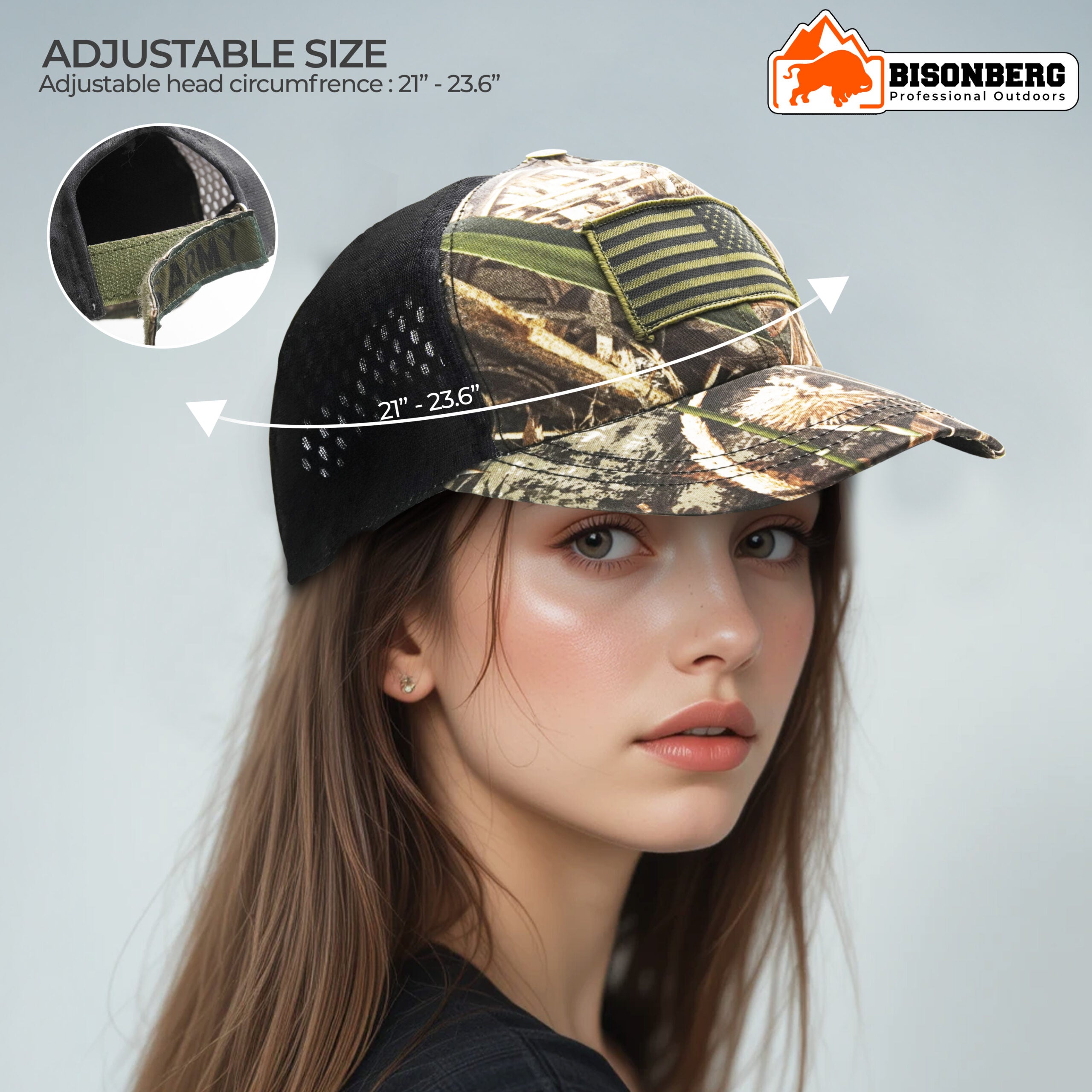 BisonBerg Tactical Camo Trucker Hat – American Flag Patch, Mesh Back, Adjustable Fit image 3
