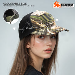 BisonBerg Tactical Camo Trucker Hat – American Flag Patch, Mesh Back, Adjustable Fit image 3