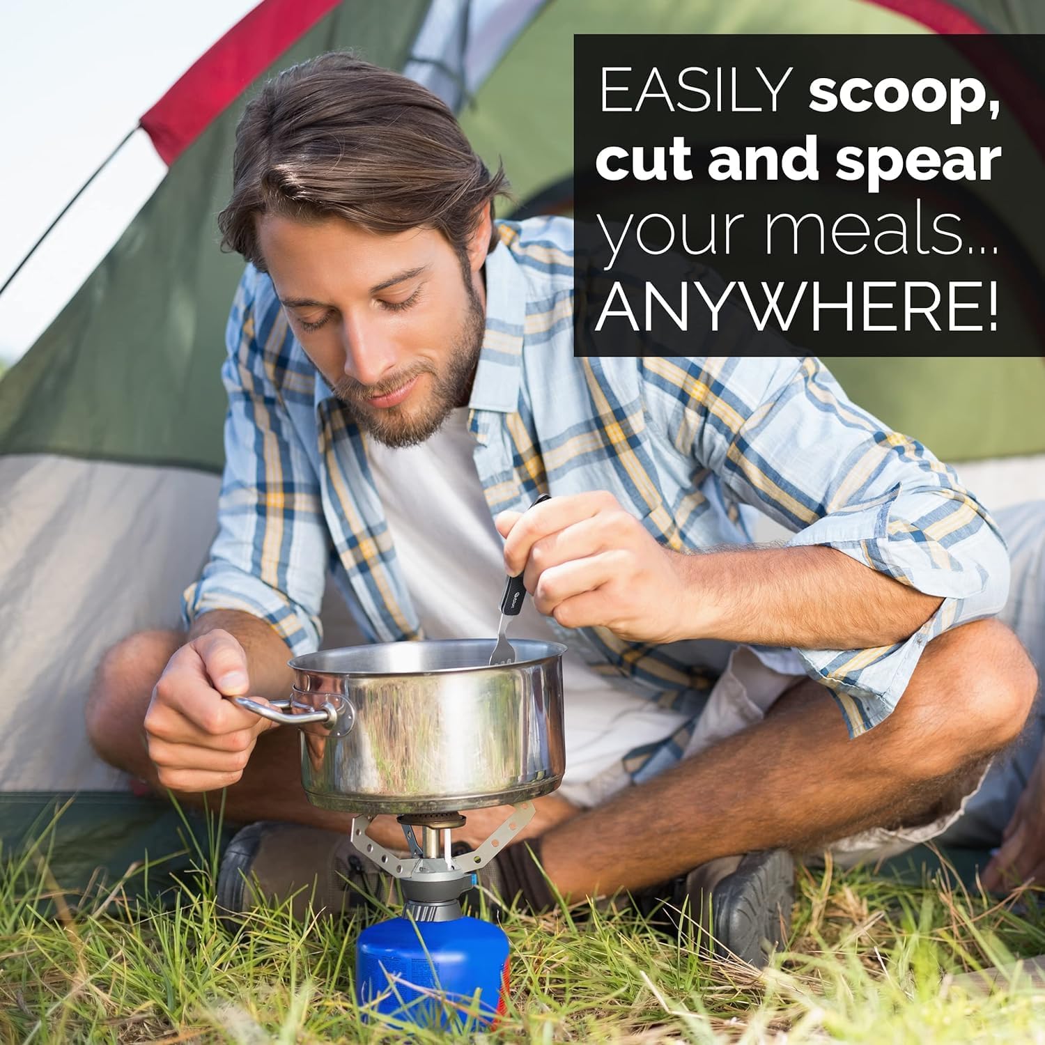 Camping Utensils, Portable Stainless Steel Spoon, Fork, Knife & Bottle Opener Combo Set - Travel, Backpacking Cutlery Multitool, Orange image 4