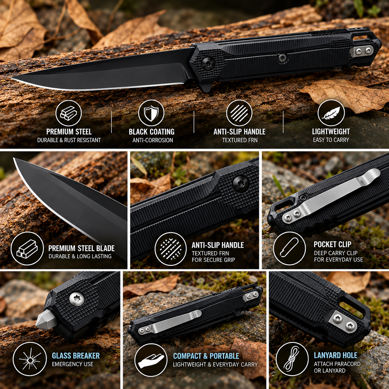BISONBERG Tactical Folding Knife – Premium Black Outdoor Utility Knife