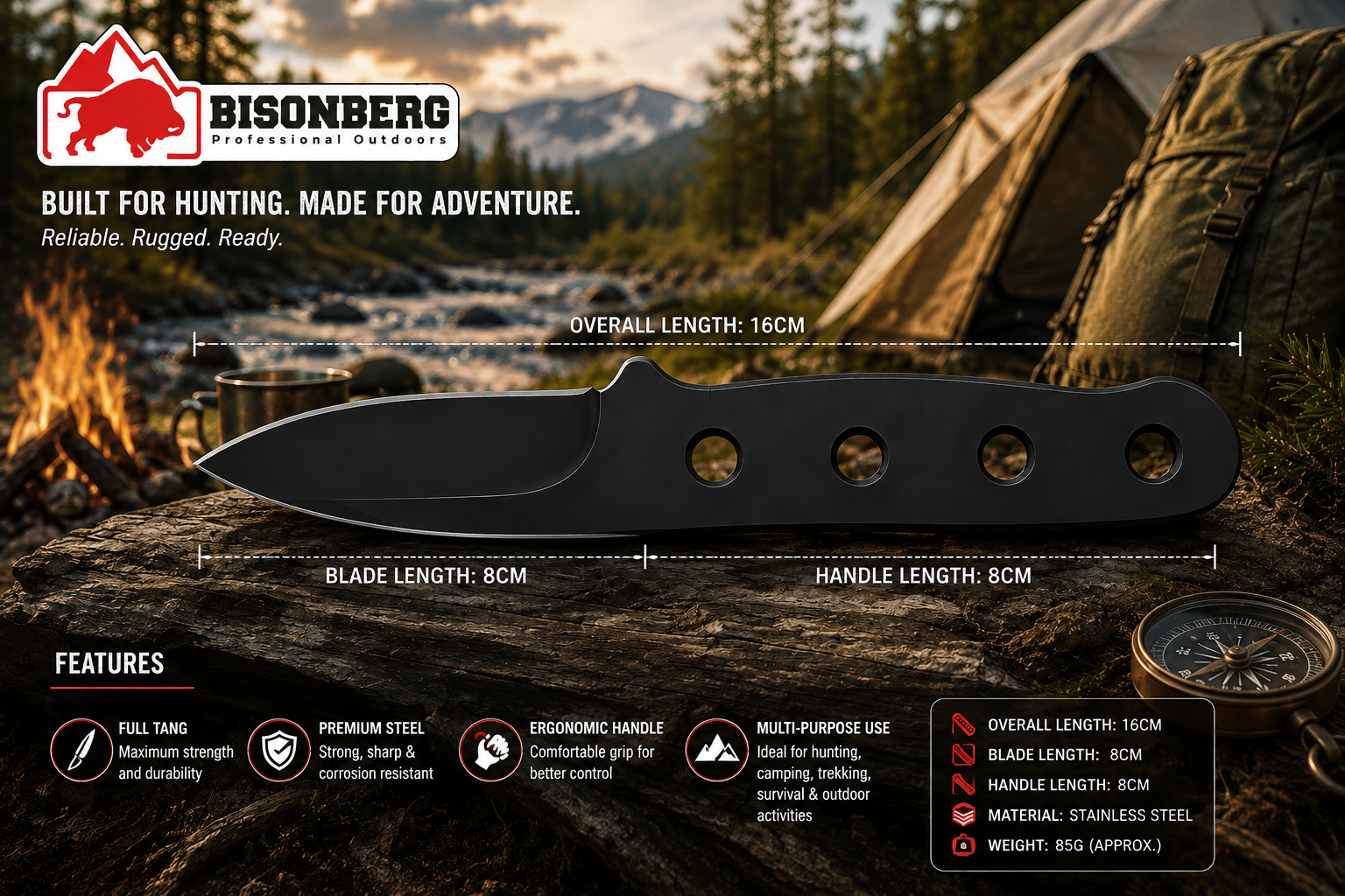 BISONBERG |Fixed Blade, Skeleton Handle Knife| Heavy Duty Survival Knife For Camping,Hunting & Outdoor Use