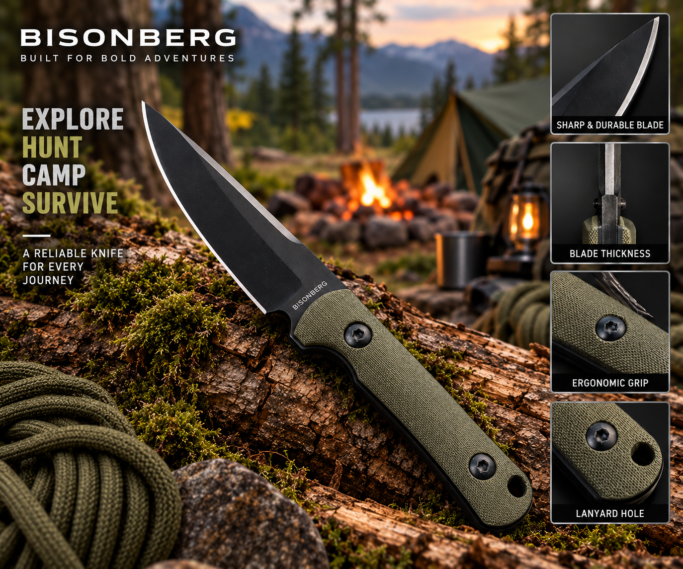 BISONBERG |Professional Refurbished Fixed Blade , Rugged • Reliable • Adventure And Camping, Outdoor knife