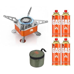 BisonBerg Ultra-Light Folding Camping Butane Gas Stove Burner with 4 Butane Cartridge, Aluminium image 0