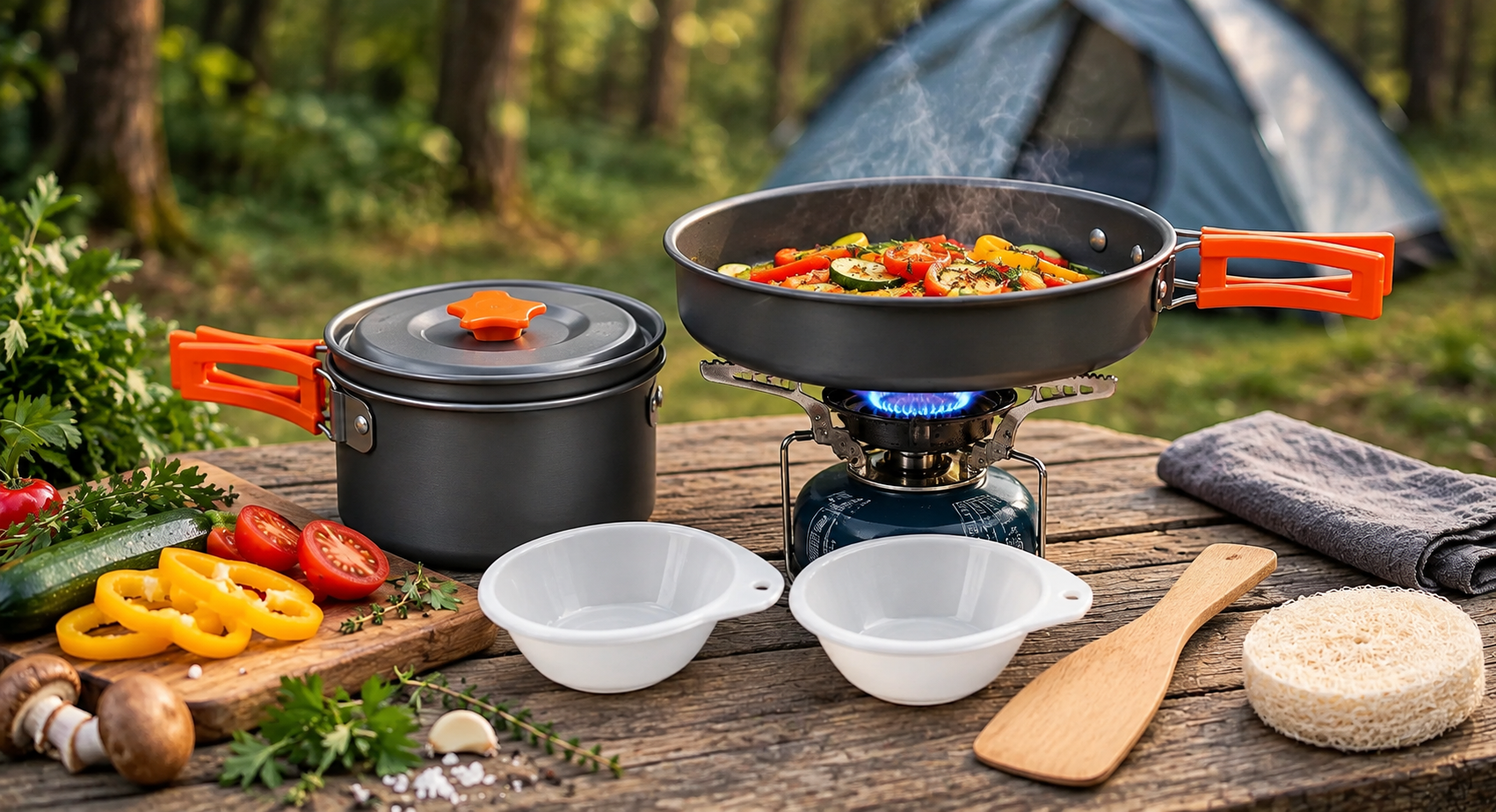 BISONBERG BB-200 Premium | 2-3 Person Camping Cookware Set – Portable Outdoor Cooking Kit with Pots, Pan, Bowl,Spoon & Carry Bag