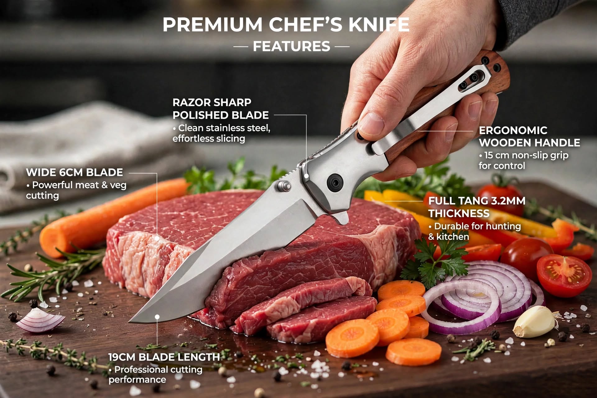 Premium Stainless Steel Folding Camping & Outdoor Knife – Wooden Handle & Pocket Clip Daily Utility