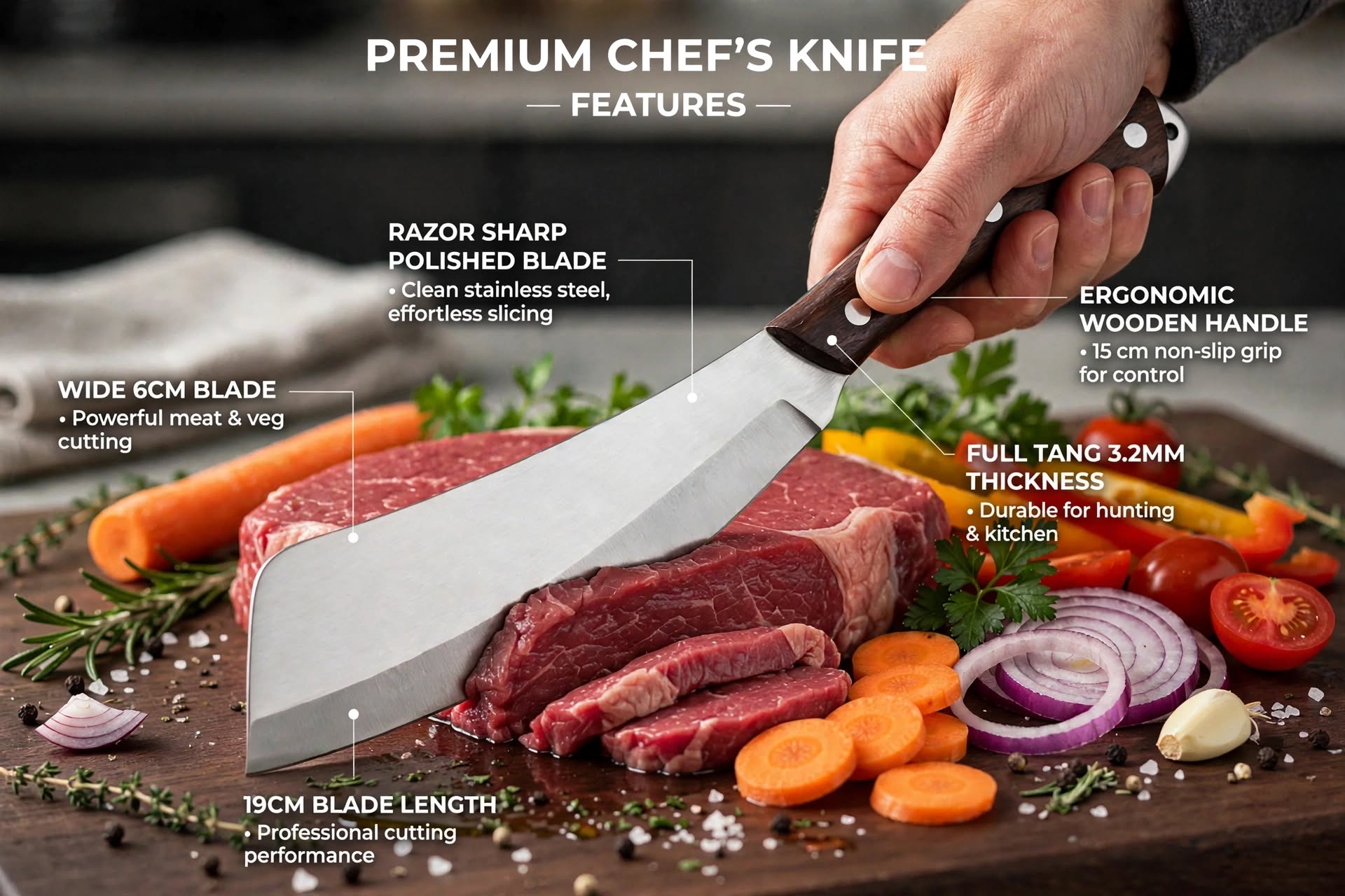 Premium Hand Forged Kitchen Cleaver Knife – High Carbon Steel Sharp Butcher Knife with Wooden Handle