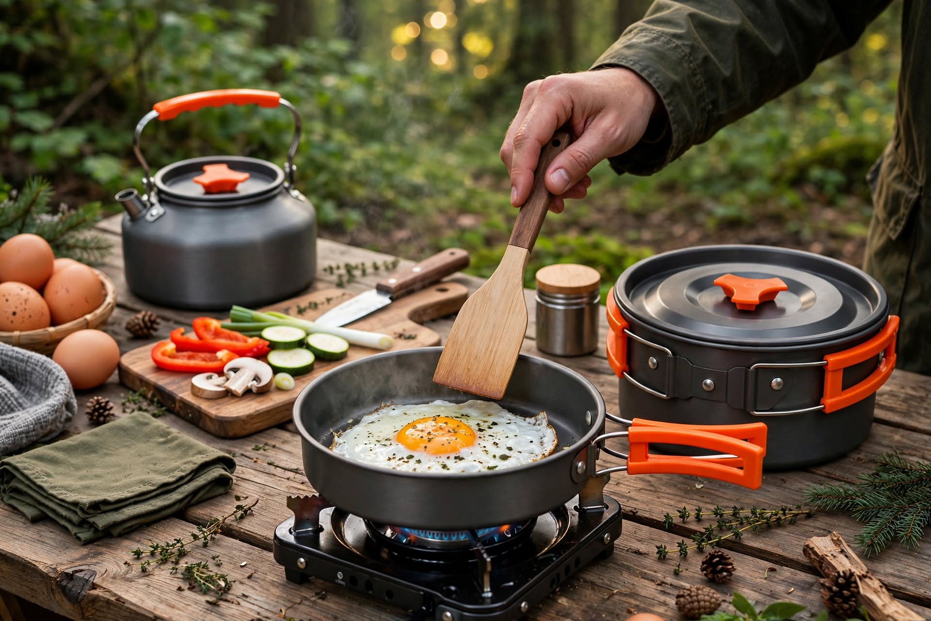 BISONBERG BB-501 Premium Camping Cookware Set – Portable Outdoor Cooking Kit with  Pots, Pan, Kettle,Spoon, Bowl, Plate & Carry Bag