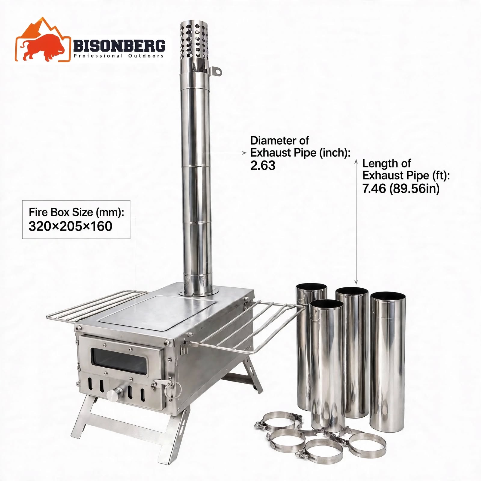 Bisonberg TA1 Titanium Wood Burning Camping Stove with Chimney Pipe – Portable Tent Stove with 10.5L Firebox, 1 Glass Viewing Windows & Foldable Cooking Racks