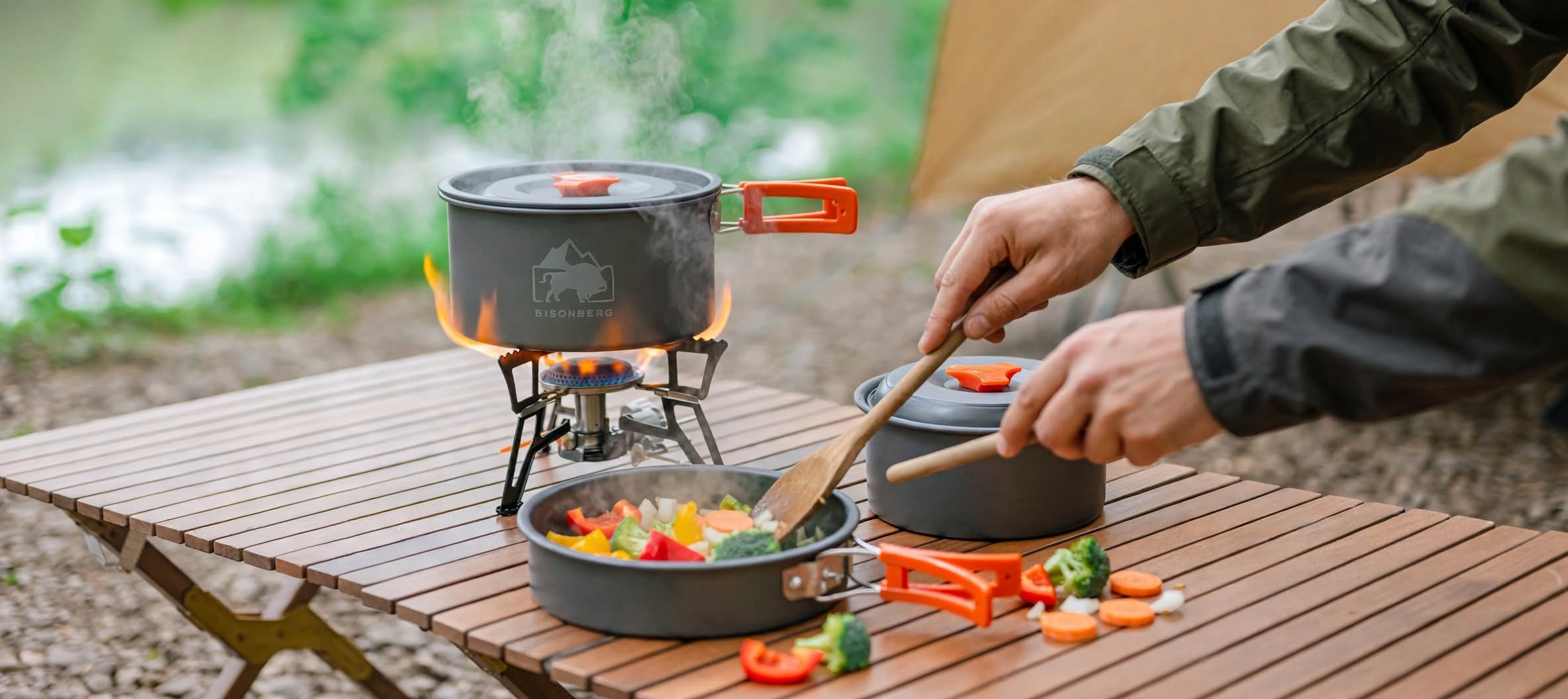 BISONBERG BB-300 Premium | 3-4 Person Camping Cookware Set – Portable Outdoor Cooking Kit with Pots, Pan, Bowl,Spoon & Carry Bag