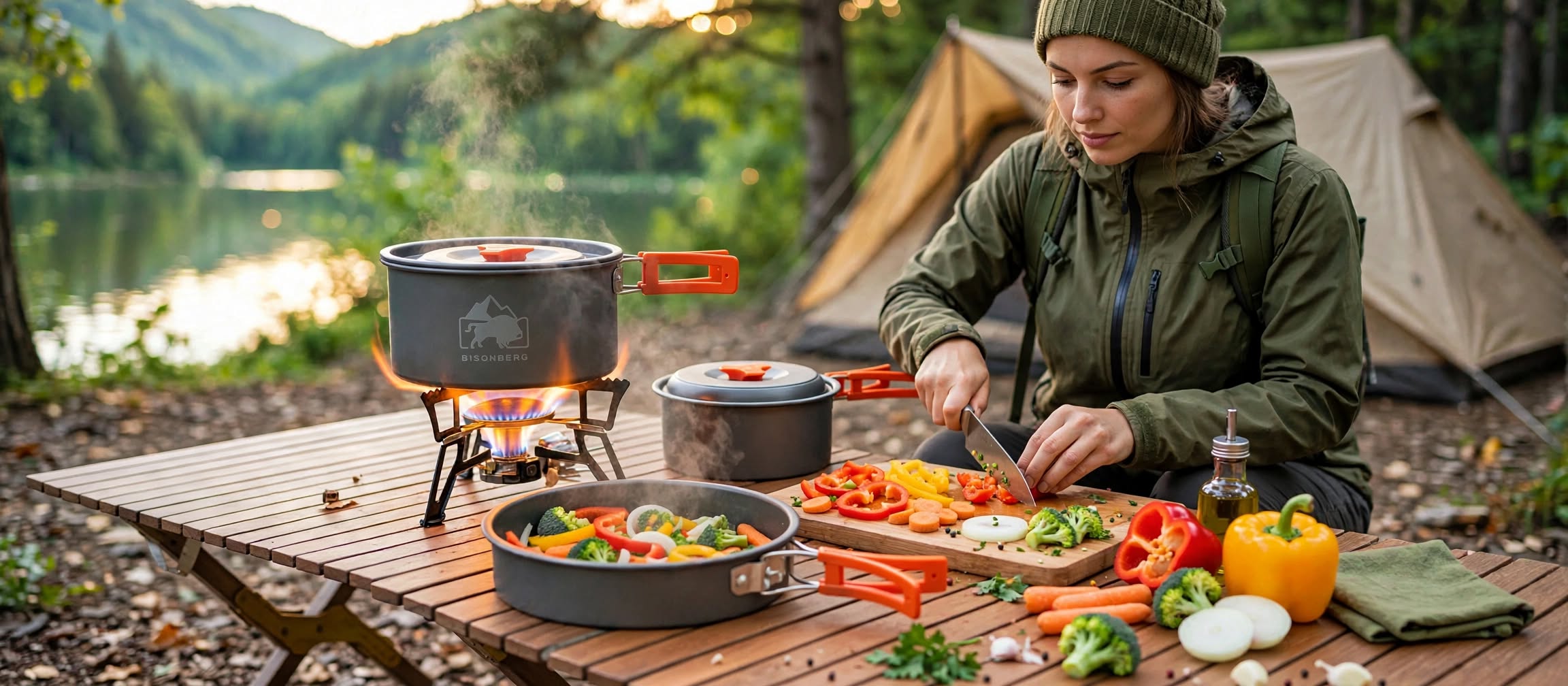 BISONBERG BB-501 Premium Camping Cookware Set – Portable Outdoor Cooking Kit with  Pots, Pan, Kettle,Spoon, Bowl, Plate & Carry Bag