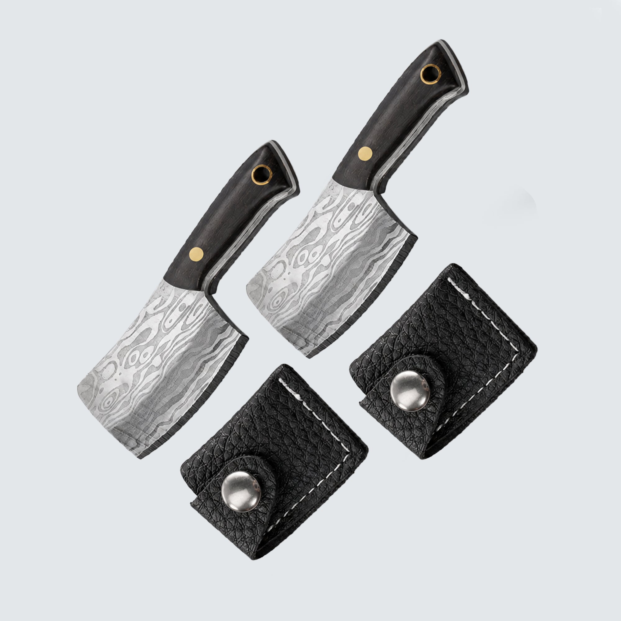 Miniature Chopper Knife with Leather Cover | Damascus Pattern Steel | Pocket-Sized Kitchen & Outdoor Utility Knife with Sheath pack of 2
