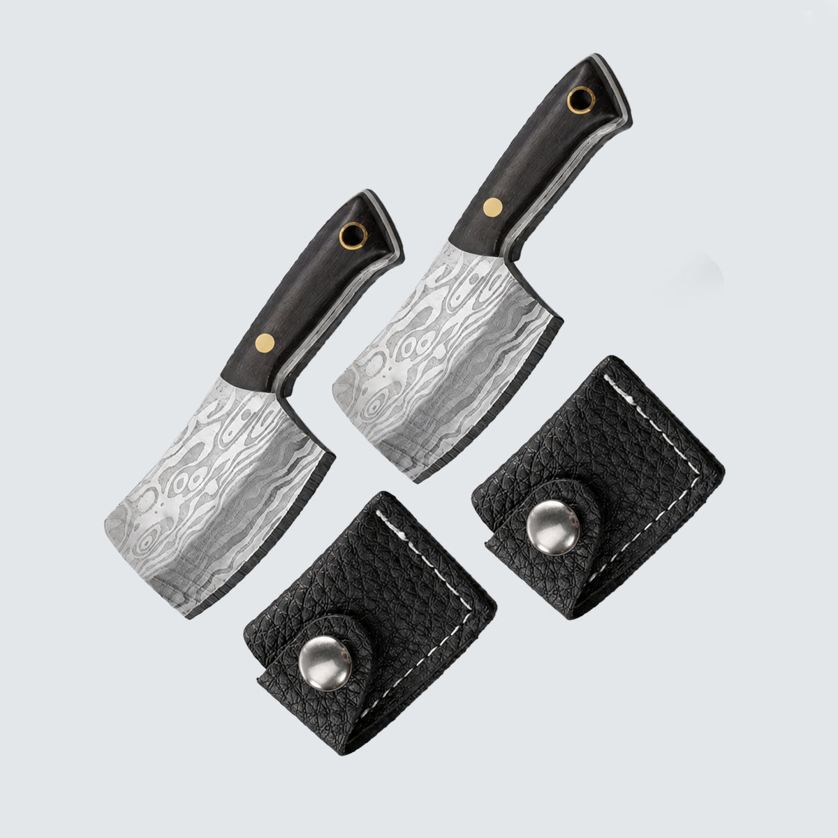 Miniature Chopper Knife with Leather Cover | Damascus Pattern Steel | Pocket-Sized Kitchen & Outdoor Utility Knife with Sheath pack of 2