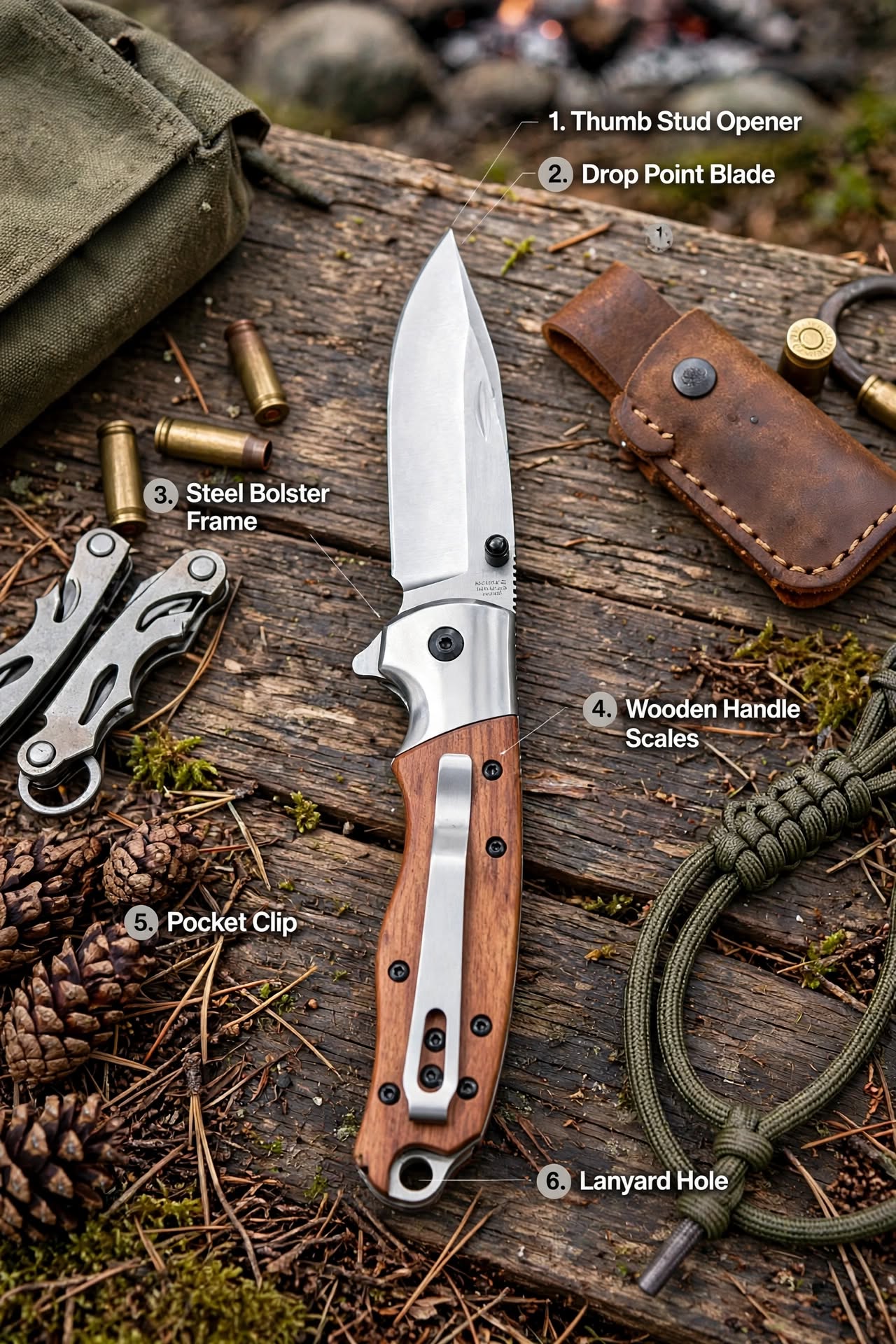 Premium Stainless Steel Folding Camping & Outdoor Knife – Wooden Handle & Pocket Clip Daily Utility