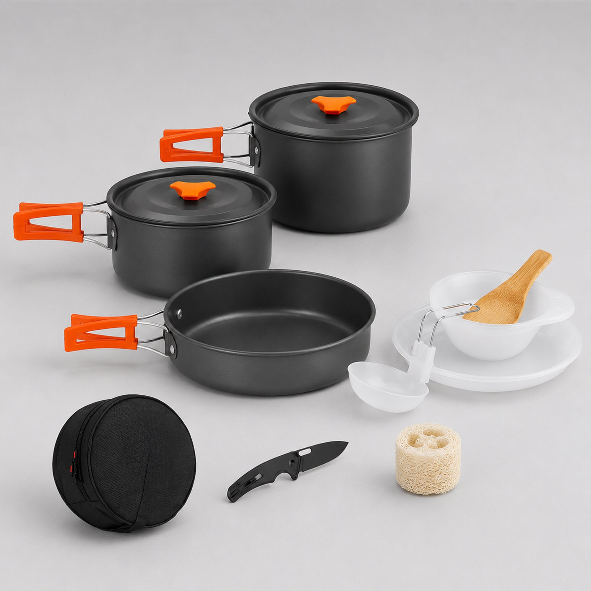 11 Pcs Camping Cookware Set, Mess Kit, Camping Accessories for Outdoor, Camping Utensils with Carry Bag, Camping Bowl Pot Pan Set - Nonstick Aluminum - for 3 People Without Kettle