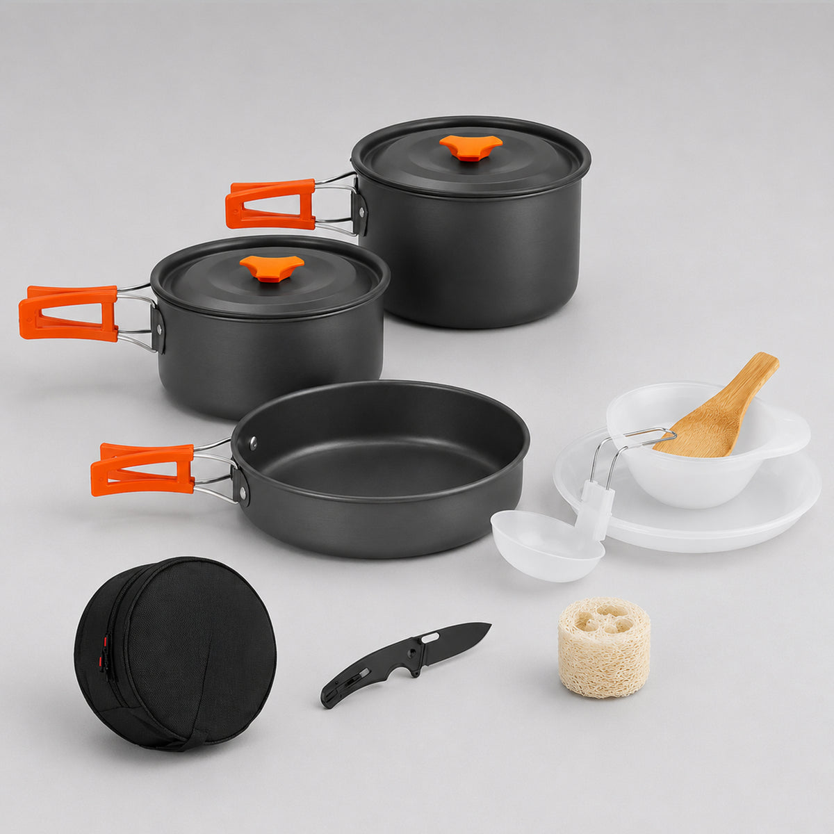 11 Pcs Camping Cookware Set, Mess Kit, Camping Accessories for Outdoor, Camping Utensils with Carry Bag, Camping Bowl Pot Pan Set - Nonstick Aluminum - for 3 People Without Kettle