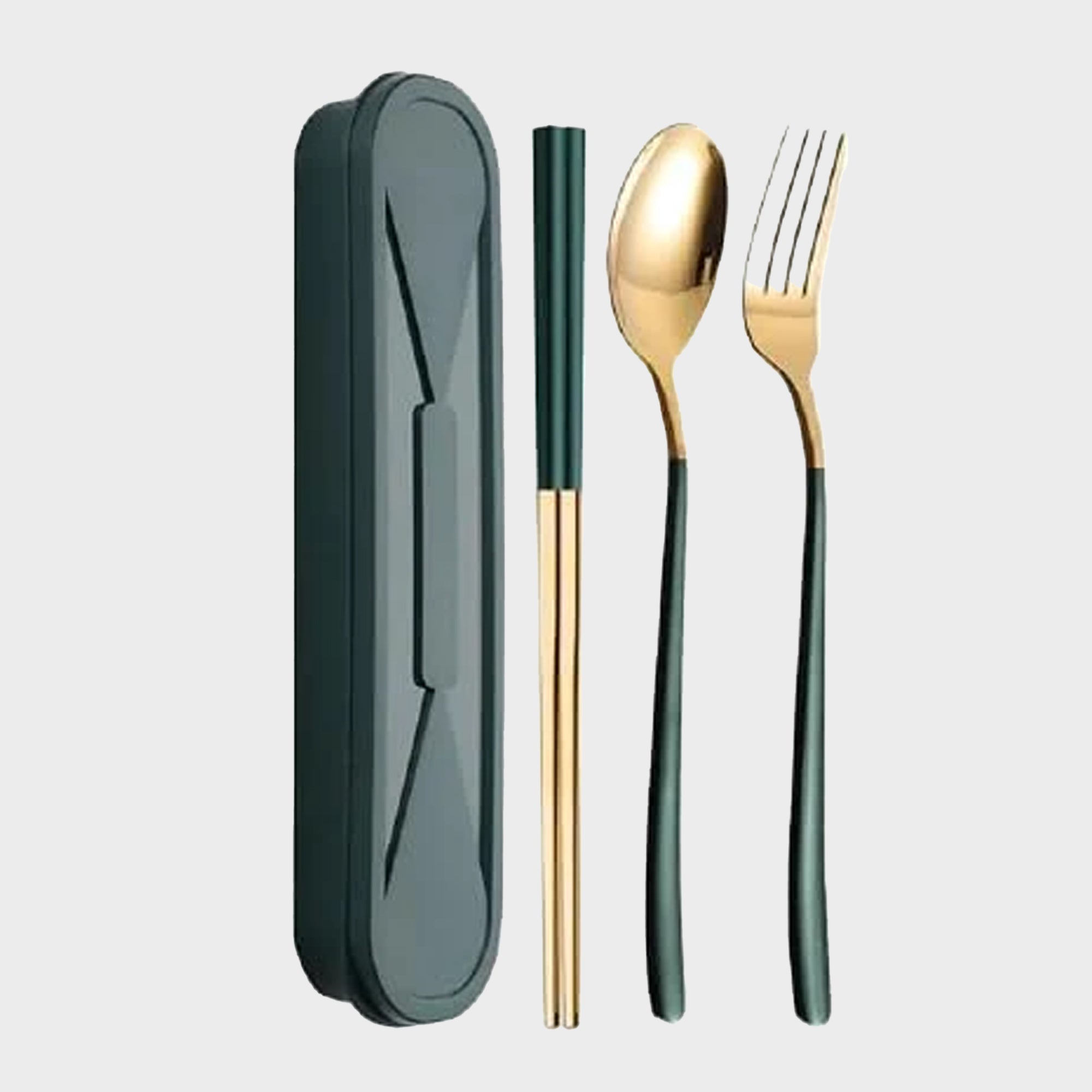 BISONBERG Premium Stainless Steel Spoon 3 Piece Set Spoon Fork Chopsticks for Gift Set with Gift Box Dinnerware Cutlery Set Tableware Set - Gold & Green