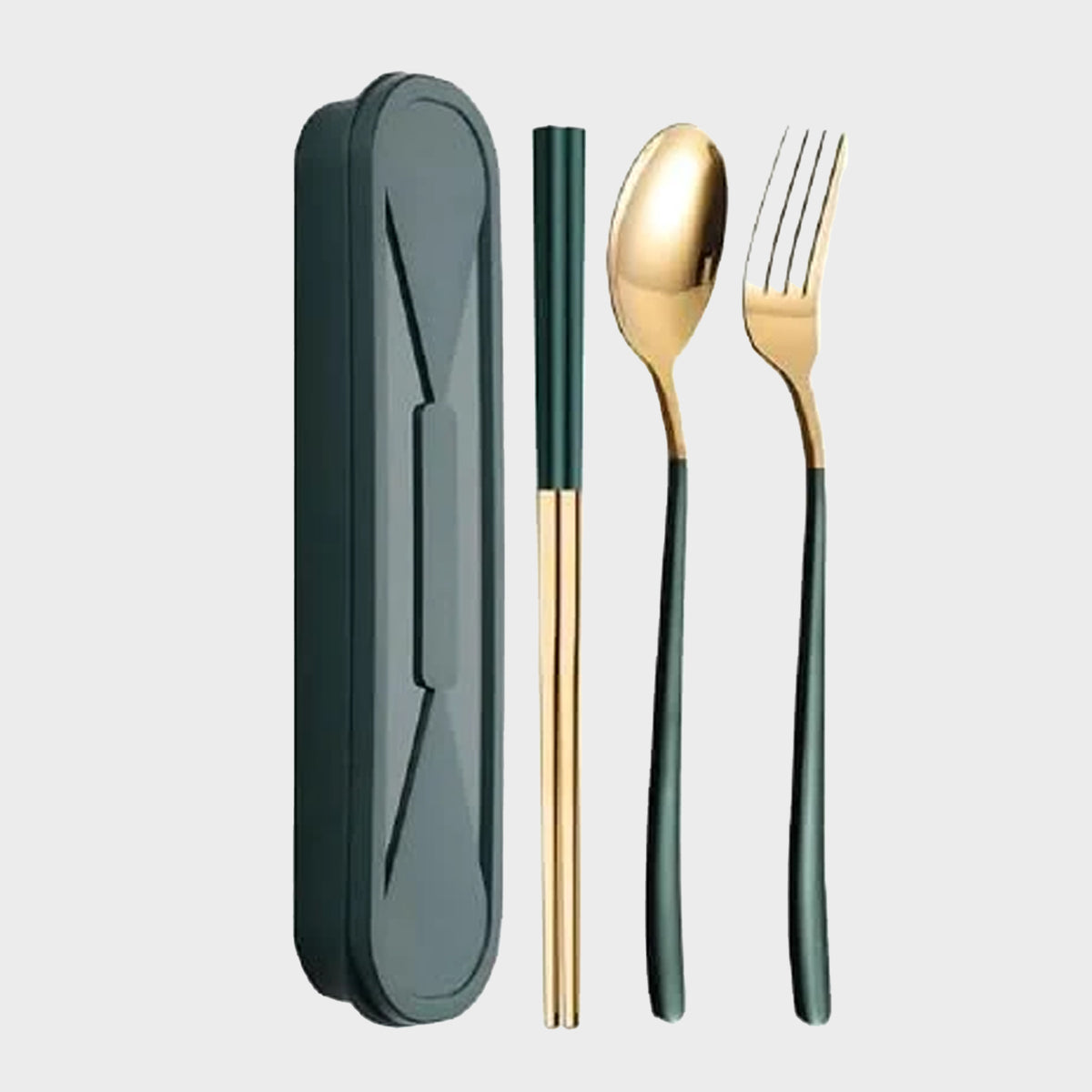 BISONBERG Premium Stainless Steel Spoon 3 Piece Set Spoon Fork Chopsticks for Gift Set with Gift Box Dinnerware Cutlery Set Tableware Set - Gold & Green
