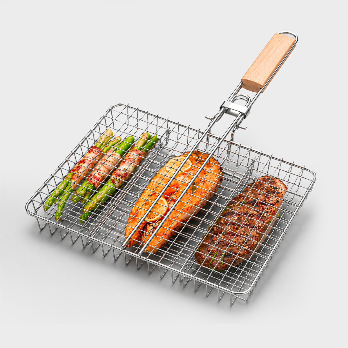 Portable BBQ Grill Basket with Wooden Handle – Stainless Steel Barbecue Grilling Rack for Fish, Meat & Vegetables