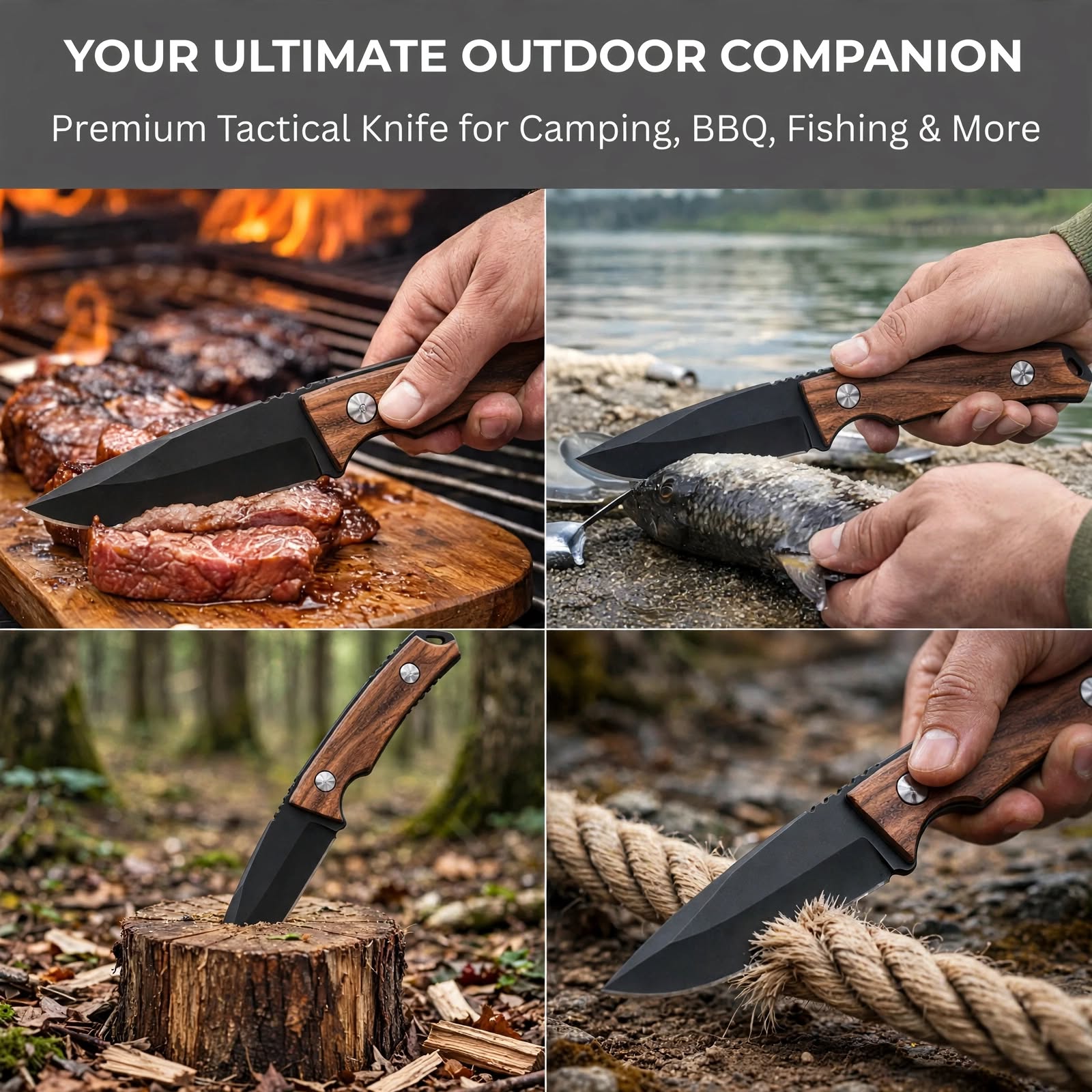 Bisonberg l Fixed Blade Wooden Handle Knife  | Outdoor Camping & Survival Knife