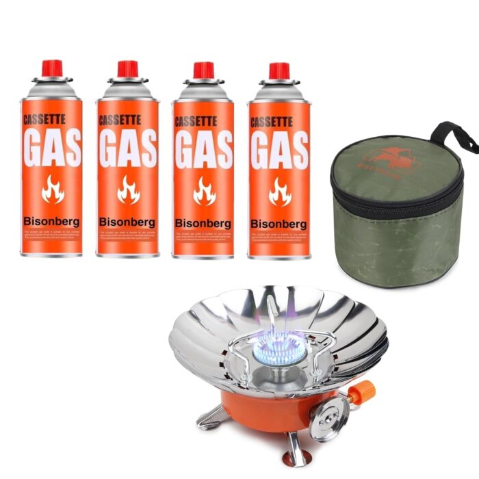 BisonBerg Stainless-Steel Mini Portable Camping Stove/Burner Stove with 4 Portable Butane Gas Canisters - Image 1