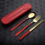Premium Stainless Steel 3 Piece Set - Spoon, Fork, Chopsticks - Gold & Red Gift Set with Gift Box