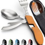 Camping Utensils, Portable Stainless Steel Spoon, Fork, Knife & Bottle Opener Combo Set - Travel, Backpacking Cutlery Multitool, Orange
