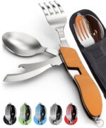 Camping Utensils, Portable Stainless Steel Spoon, Fork, Knife & Bottle Opener Combo Set - Travel, Backpacking Cutlery Multitool, Orange